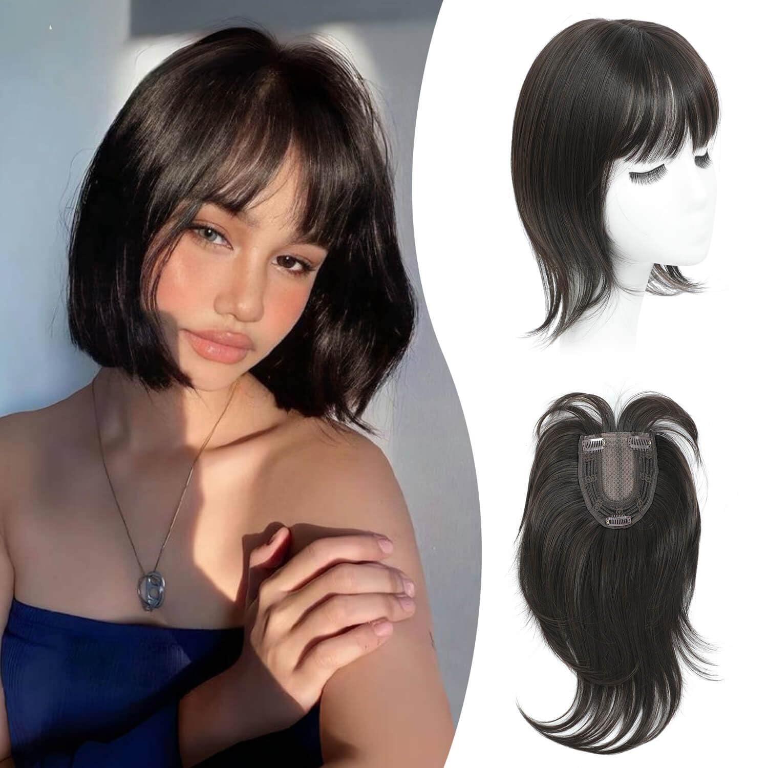 Peonymebeauty Fake Bangs Hair Toppers for Women 4"X5" Base Topper with 360°Clip in Fringe for Hair Loss 12 Inch Synthetic Fiber Wiglets Ladies Straight Hairpieces for Daily Use Add Volume(Dark Brown)