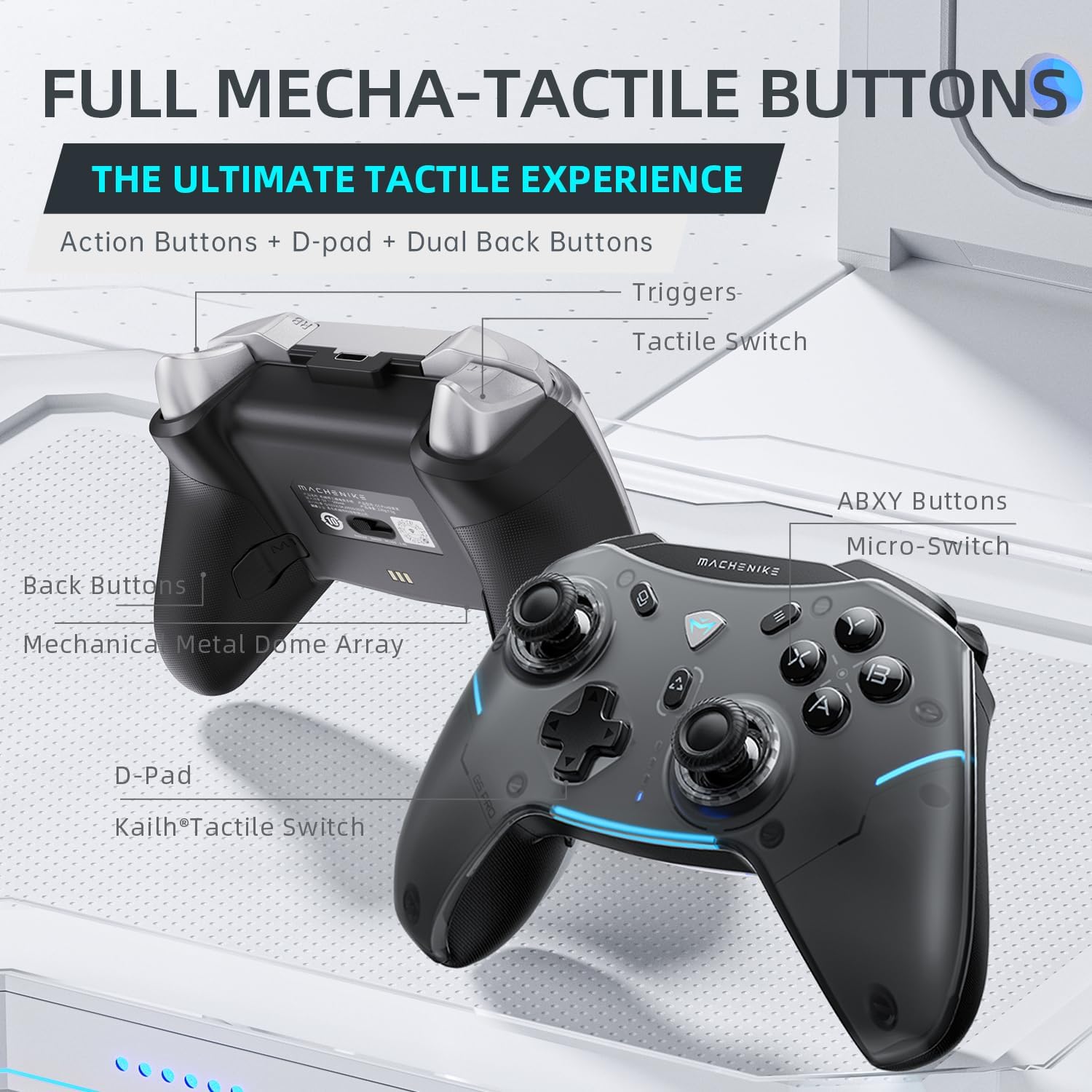 Diagram highlighting the full mecha-tactile buttons on the Machenike G5 Pro controller, including ABXY buttons with micro-switches, D-Pad with Kailh Tactile Switch, Triggers with Tactile Switch, and Back Buttons with Mechanical Metal Dome Array.