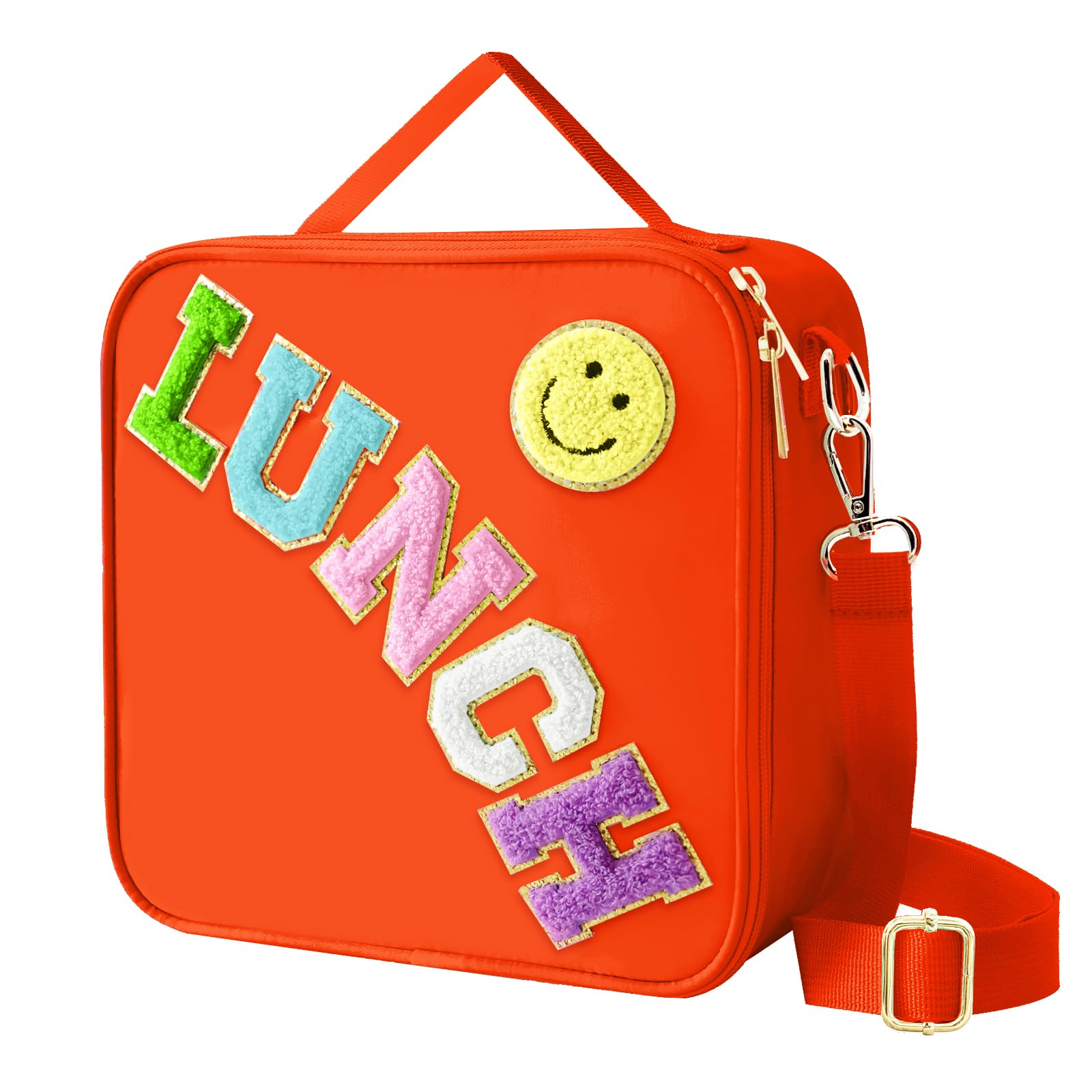Insulated Lunch Bag With Adjustable Shoulder Strap, Nylon Preppy Lunch Box Large Insulated Lunch Bag Reusable Lunch Tote Bag with Smiley Preppy LunchBag for Girls School Travel Picnic (Orange)