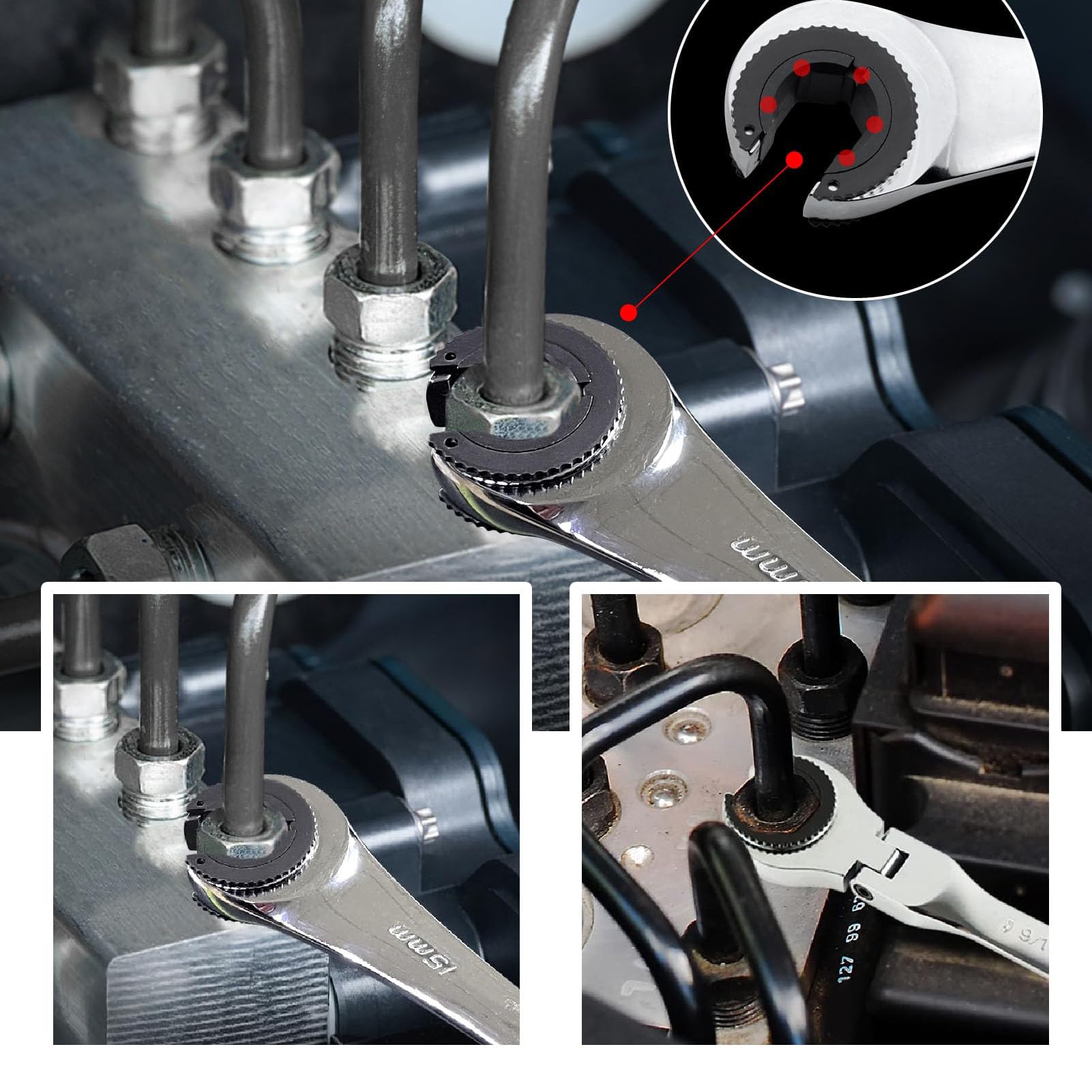 Juego de 5 Llaves de Carraca de Doble Boca con Cabezal Flexible, 10 11 13 14 17 mm Acero CR V 72 Dientes Ajustable a 180 Grados para Mantenimiento de Automóviles