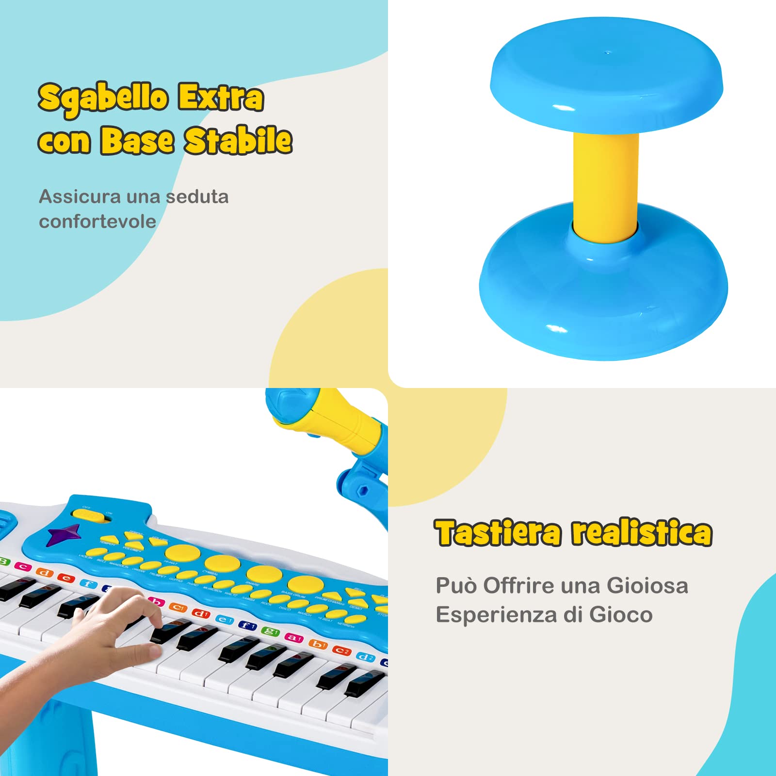 COSTWAY Tastiera Giocattolo a 31 Tasti, Pianoforte Digitale per Bambini, con Microfono Sgabello Luci, Funzioni di Record e Playback, Pianola Bambini con 22 Battiti/8 Toni/7 Ritmi, per 3+ Anni (Blu)