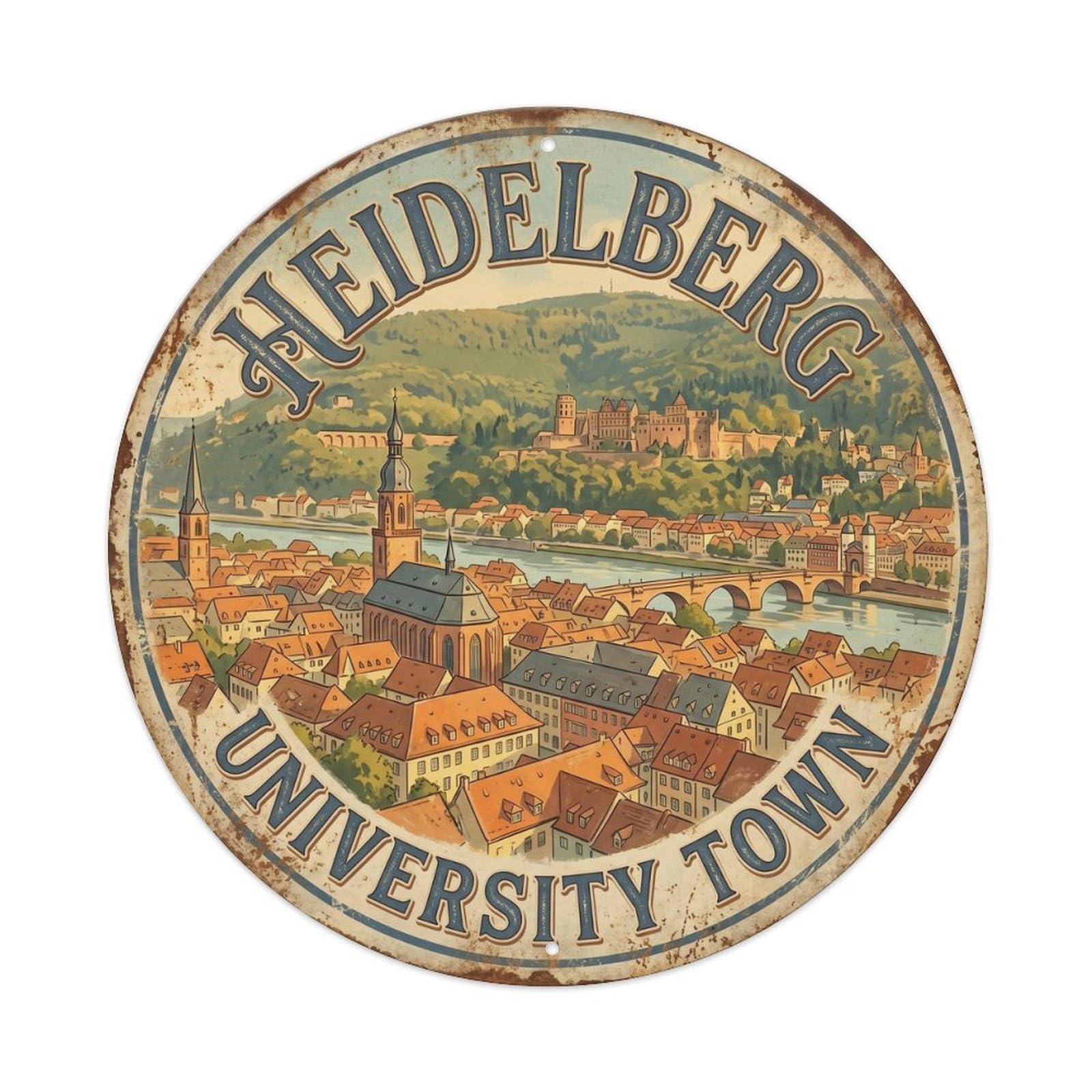 Vintage Travel Heidelberg Germany University Metal Tin Sign Plaque Wall Decor for Cafe, Club, Garden Round Metal Poster 8x8Inch