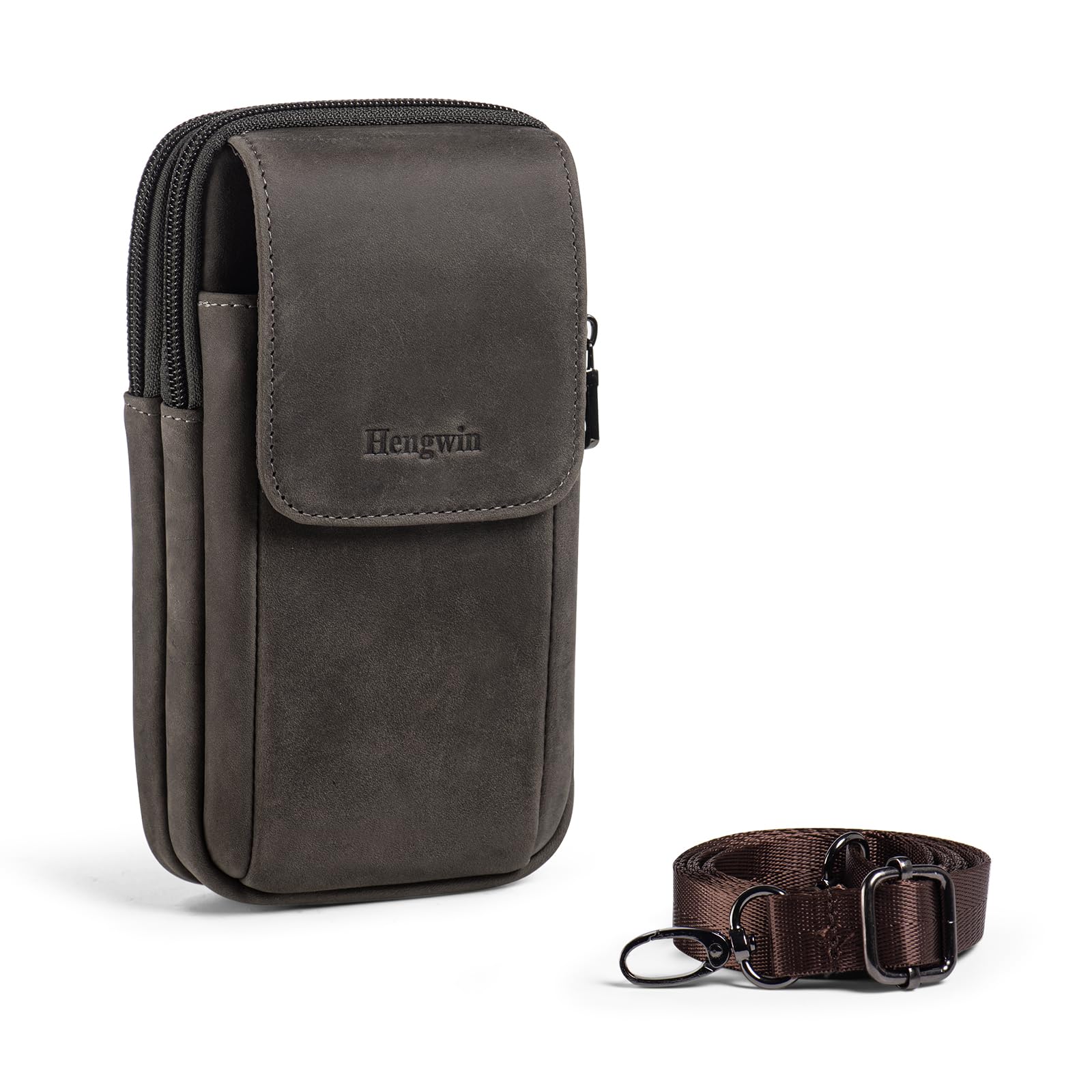 Cuero Genuino Bolsa para móvil, Bolsa de Cinturón, Funda Movil Cinturon para Hombre, Fundón de Teléfono, Bolso Cintura con Presilla (Grey)