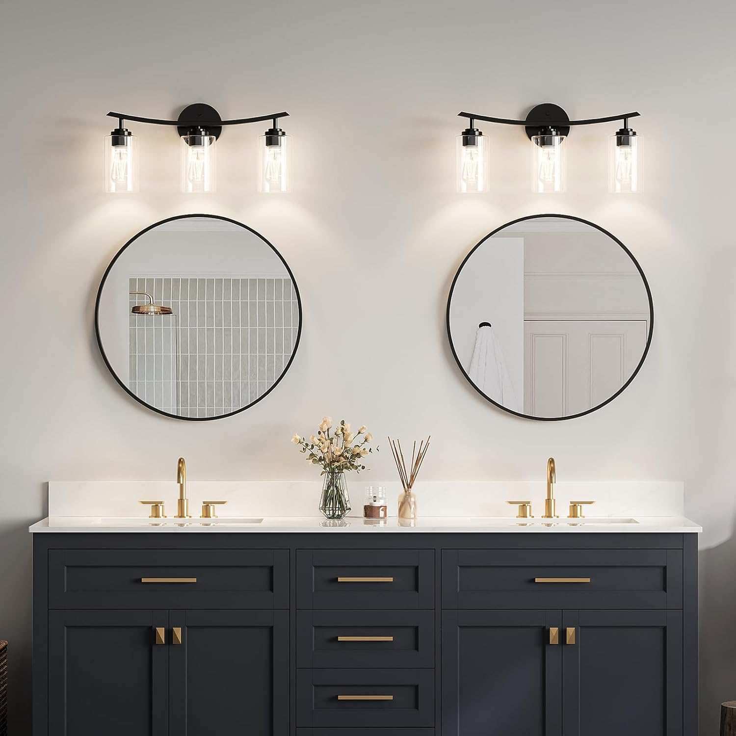 USHOWER 3-Light Bathroom Light Fixtures, Vanity Lights with Clear Glass Shades, Modern Black Vanity Lights for Bathroom, Mirror, Living Room, Bedroom, Hallway, E26 Base (Bulbs Not Included)