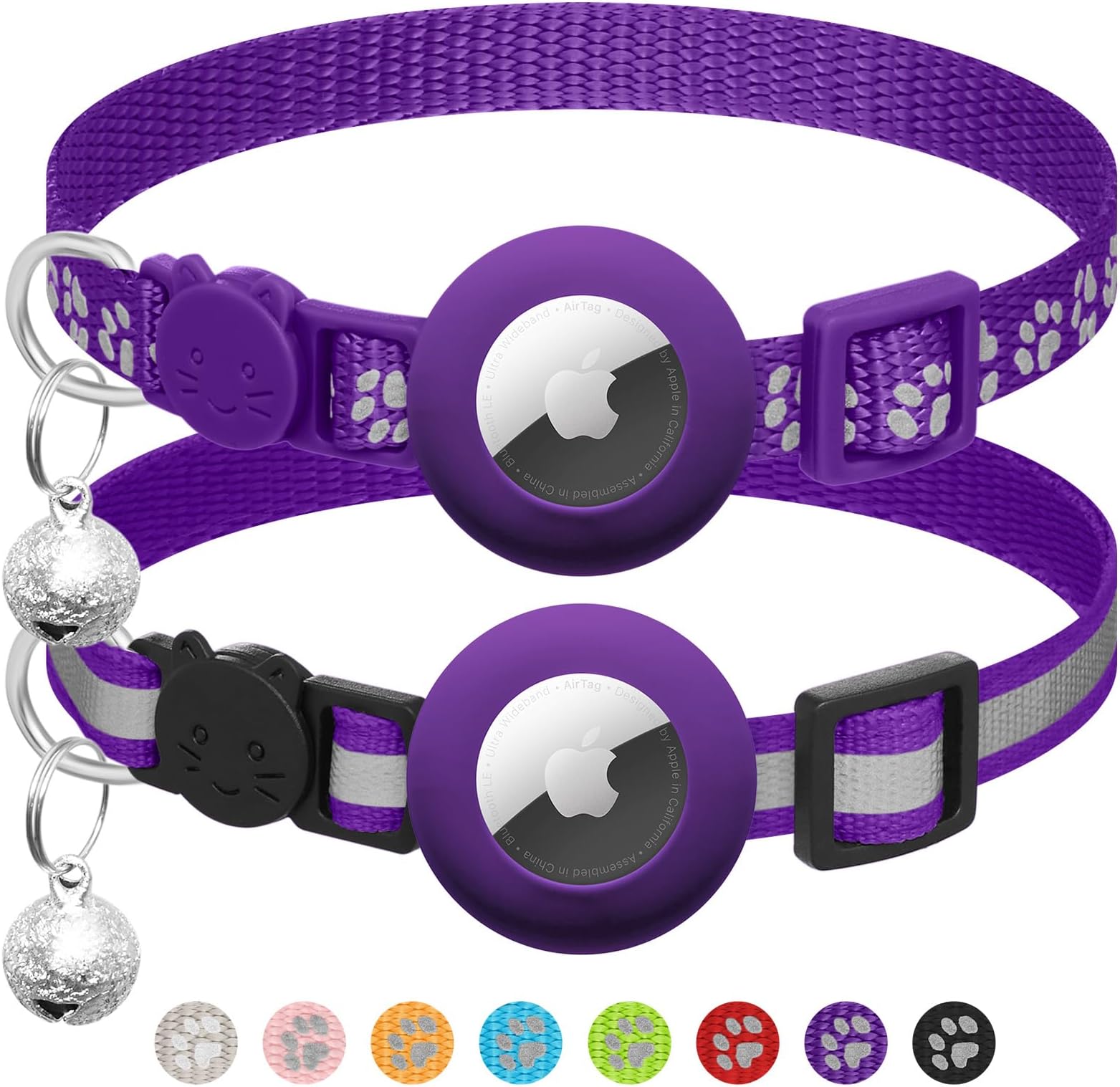 2 Pack Airtag Cat Collar Breakaway with Bell,Reflective Kitten Collar with Apple Airtag Cat Collar Holder,Adjustable 7-12In,Safety Buckle for Girl Boy Cats,Pet Supplies,Accessories,Gifts (Purple)