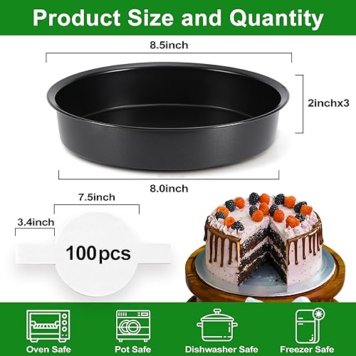 Miniatura 2 de Juego de 3 moldes redondos de 8 pulgadas para tartas de 8 pulgadas, molde circular duradero con 100 piezas de papel pergamino, no tóxico y saludable