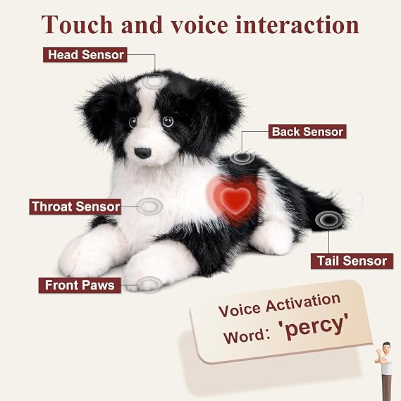 Chongker Realistic Border Collie Puppy for Seniors, Interactive Plush Dog with Barking, Purring & Heartbeat, Responds to Touch and Name, Voice Activated Companion Pet, 18 Inch