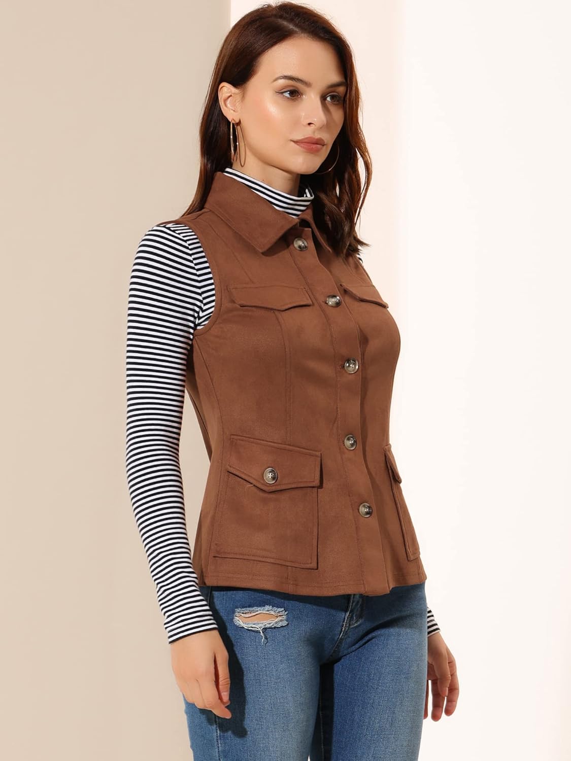 Allegra K Women's Faux Suede Vest Utility Buttoned Sleeveless Jacket with Cargo Pocket - Image 4