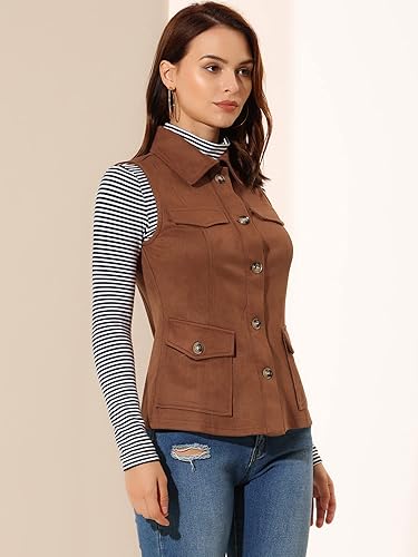 Miniatura 4 de Allegra K Chaleco de Gamuza Sintética Utilitario para Mujer con Botones sin Mangas con Bolsillo Cargo