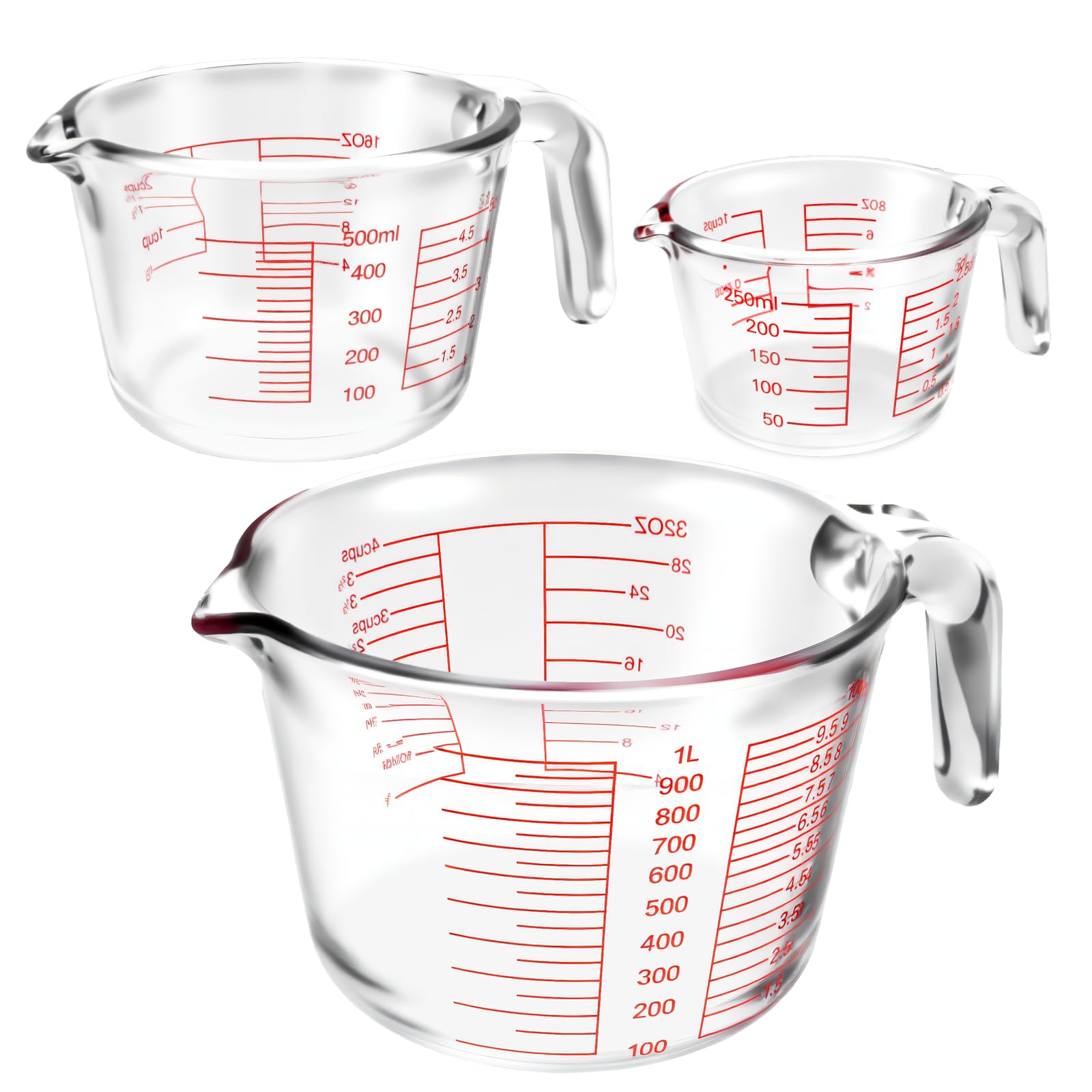 Set de 3 Vasos Medidores de Vidrio Borosilicato 1000 ml 500 ml 250 ml, Jarras Medidoras Graduadas con Asa y Pico Vertedor, Resistentes al Calor, Sin BPA, para Cocina y Repostería | 4 Escalas precisas L/dL/OZ/Cups Resistente al Calor BPA Libre de Medición