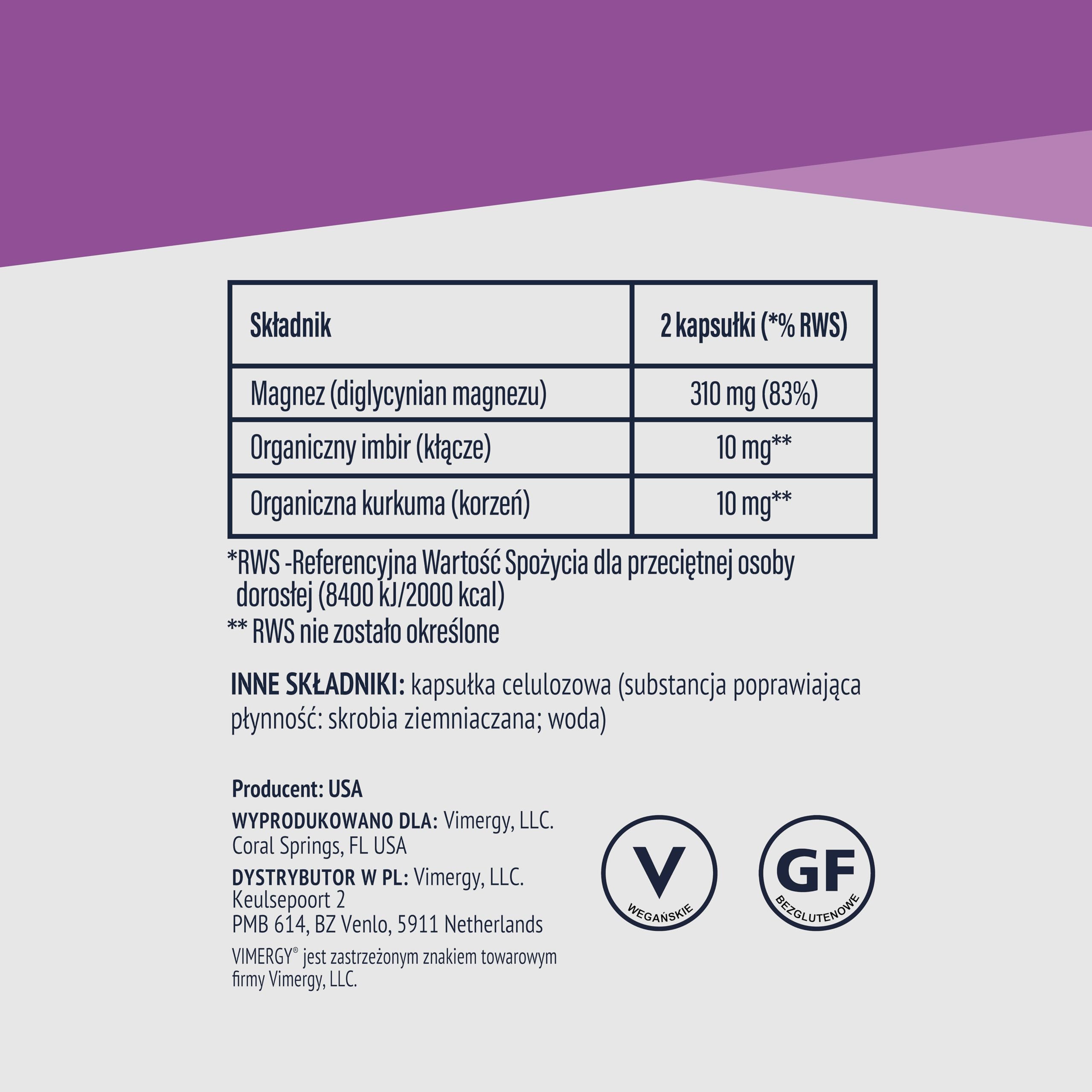 Vimergy Glicynian Magnezu Suplement Mineralny – 90 Porcji – Wspomaga Energię i Zmniejsza Zmęczenie – Suplement Magnezu Przyjazny dla Brzucha – Kurkuma i Imbir – Bezglutenowy, Bez GMO – Keto/Paleo