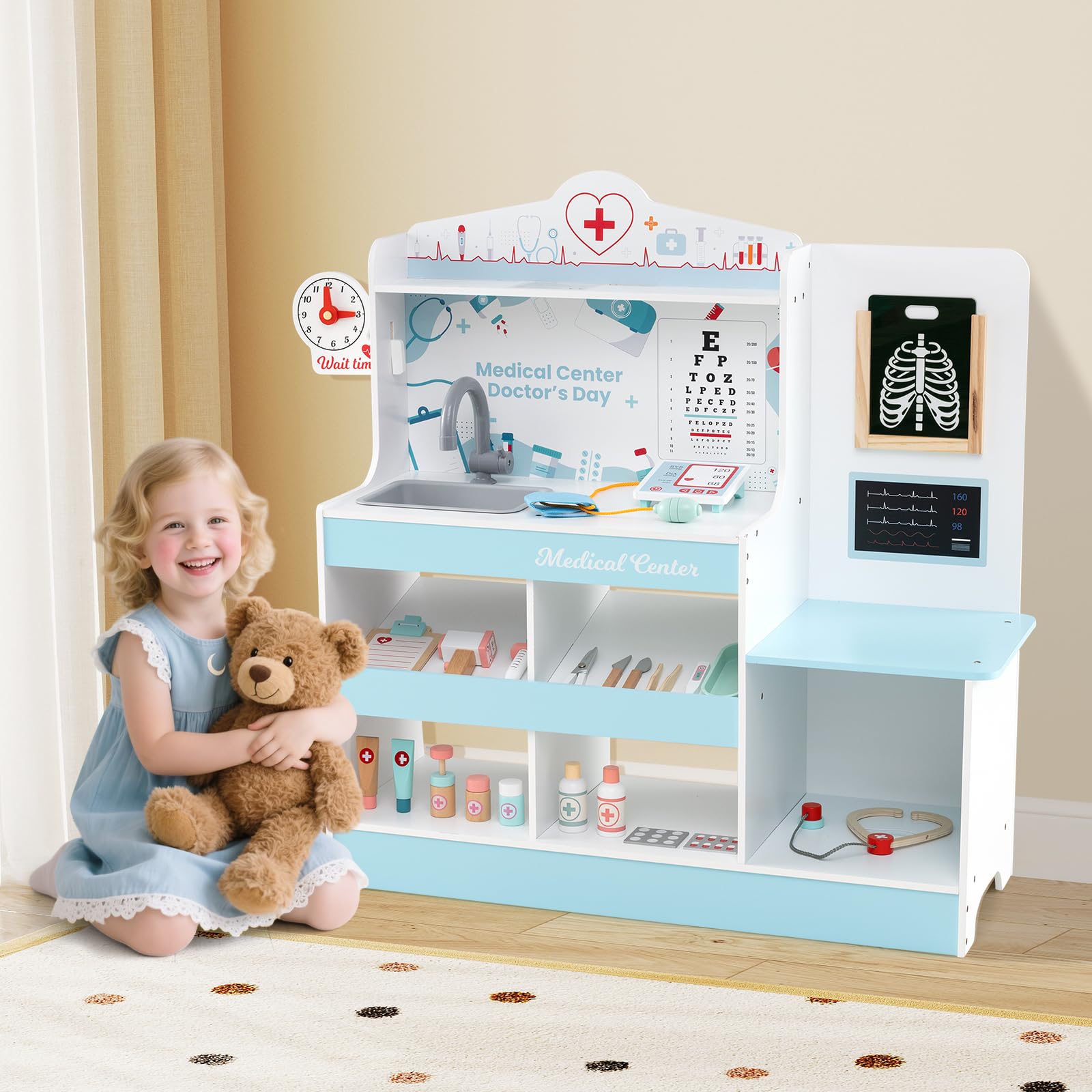HOMASIS Arzt-Set aus Holz, Arzt-Set für Kinder mit Waschbecken, Sichtprüfung, Elektrokardiogramm, Uhr und Röntgenaufnahme, Krankenschwester-Spiel für Kinder ab 3 Jahren (Blau)