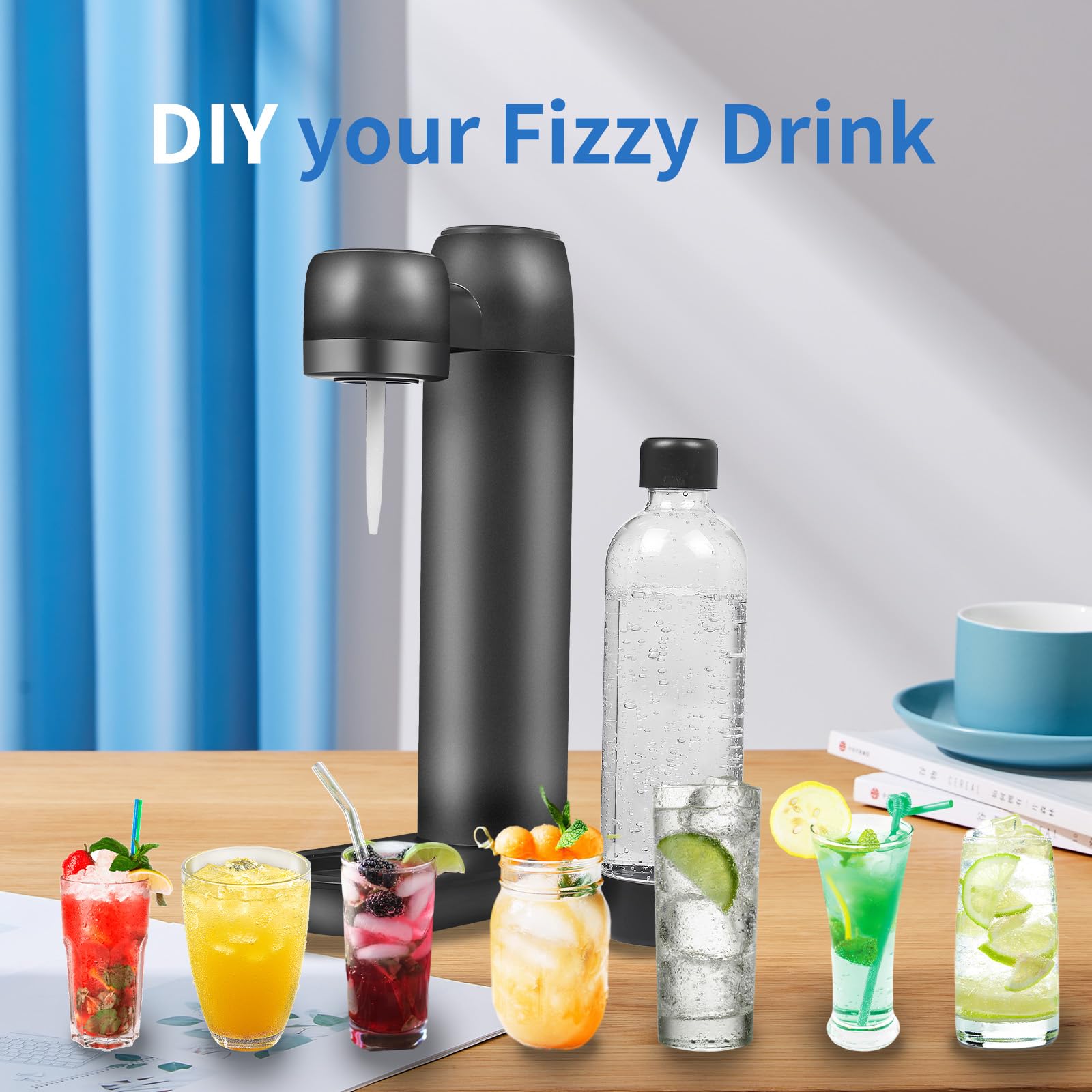 Gasatore Acqua Frizzante con Bottiglia PET Portatile da 1 L Senza BPA, Scarico Gas Automatico, Macchina per Acqua Soda Nera, Compatible con Bombole da 60 L (senza Cylindri)