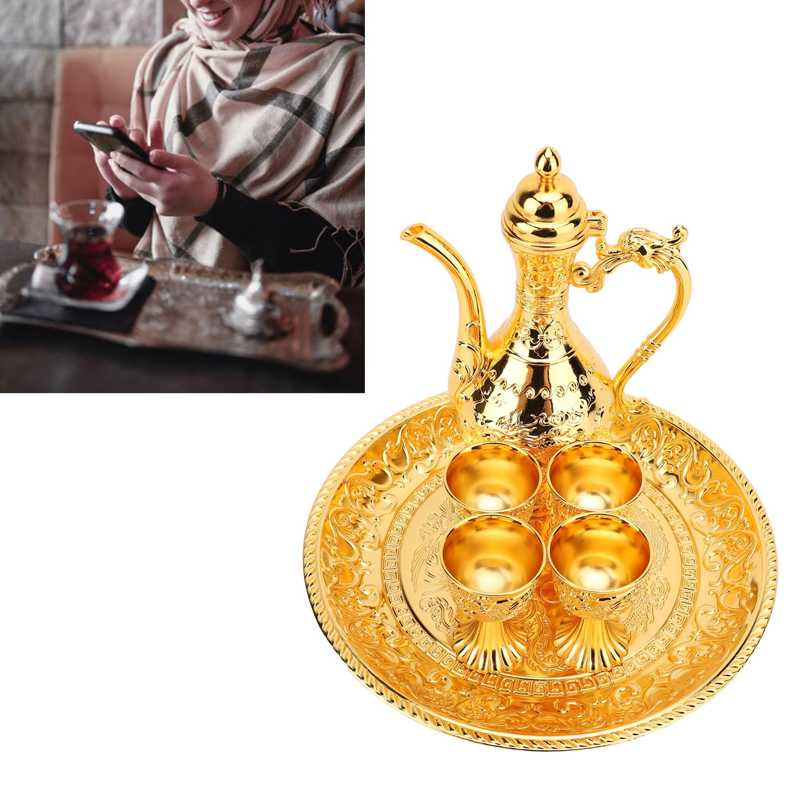 Turecki zestaw dzbanków do kawy z kubkami i tacą vintage brązowy czajniczek na stoliki kawowe, bary i szafki na wino, elegancki turecki serwis do herbaty do domu i biura