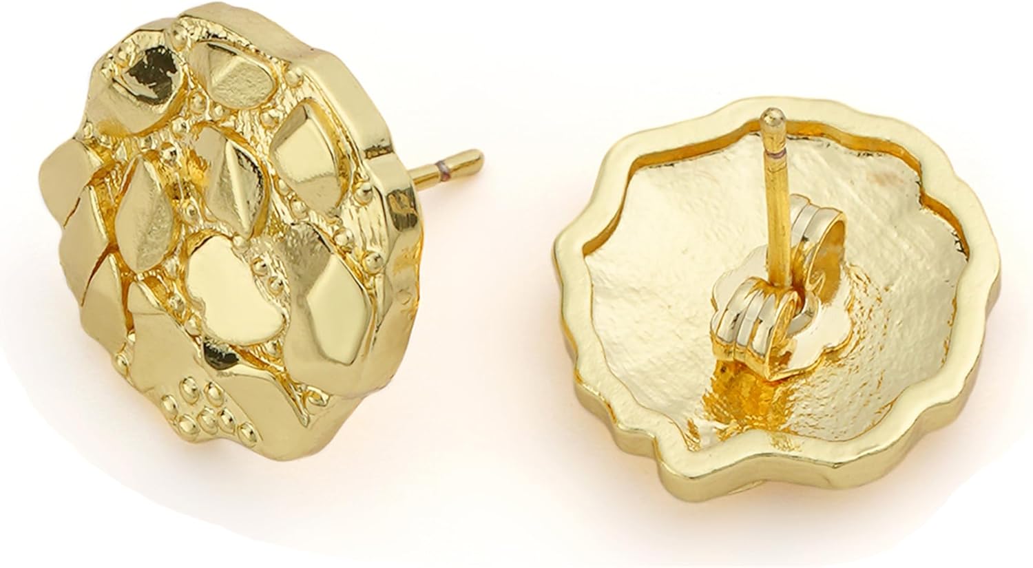 14k Gold Plated Round Rough Textured Cookie Nugget Stud Earrings For Men/Women Unisex - Image 3