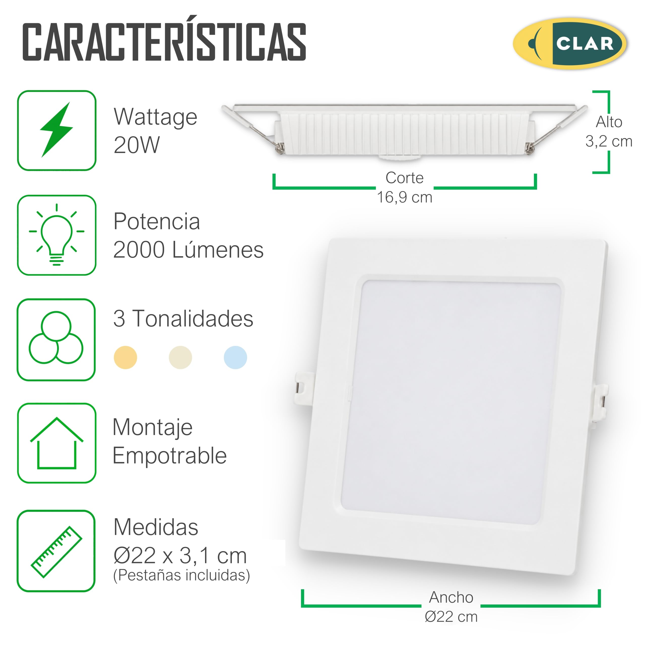 CLAR - Downlight LED Techo Cuadrado 20W, Downlight Cuadrado, Focos LED Cuadrados Empotrables, Iluminación Empotrable de Interior, 3 Tonalidades CCT (3000ºk-4000ºk-6500ºk) (Pack 10)