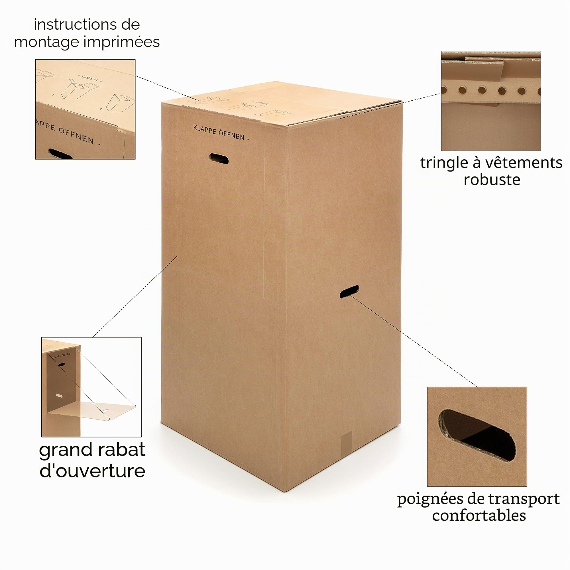 3 cartons à vêtements transitaire 2.60 BC ondulation 600 x 510 x 1350 mm