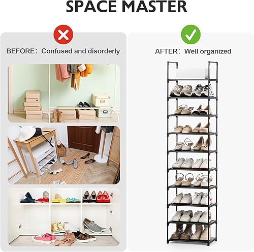 Miniatura 5 de HODYANN Zapatero de 10 niveles, 20 pares de organizadores estrechos para zapatos, estante de zapatos de tela no tejida que ahorra espacio, estante