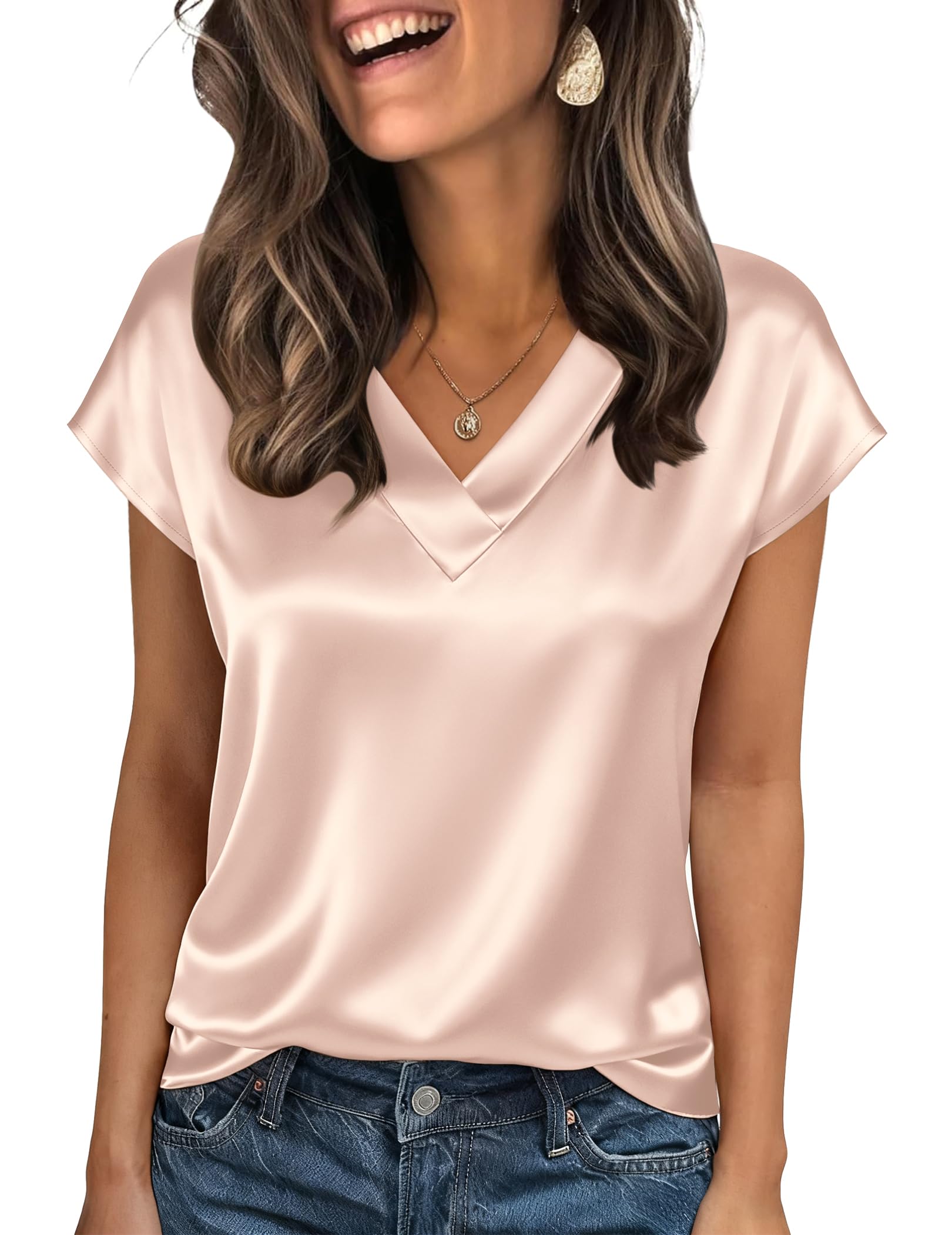 Zeagoo Blusa satén Mujer Manga Corta Cuello en V Seda Tops Elegantes Camisas de Negocios Blusa de Seda de Verano Silk Blouse Tshirt
