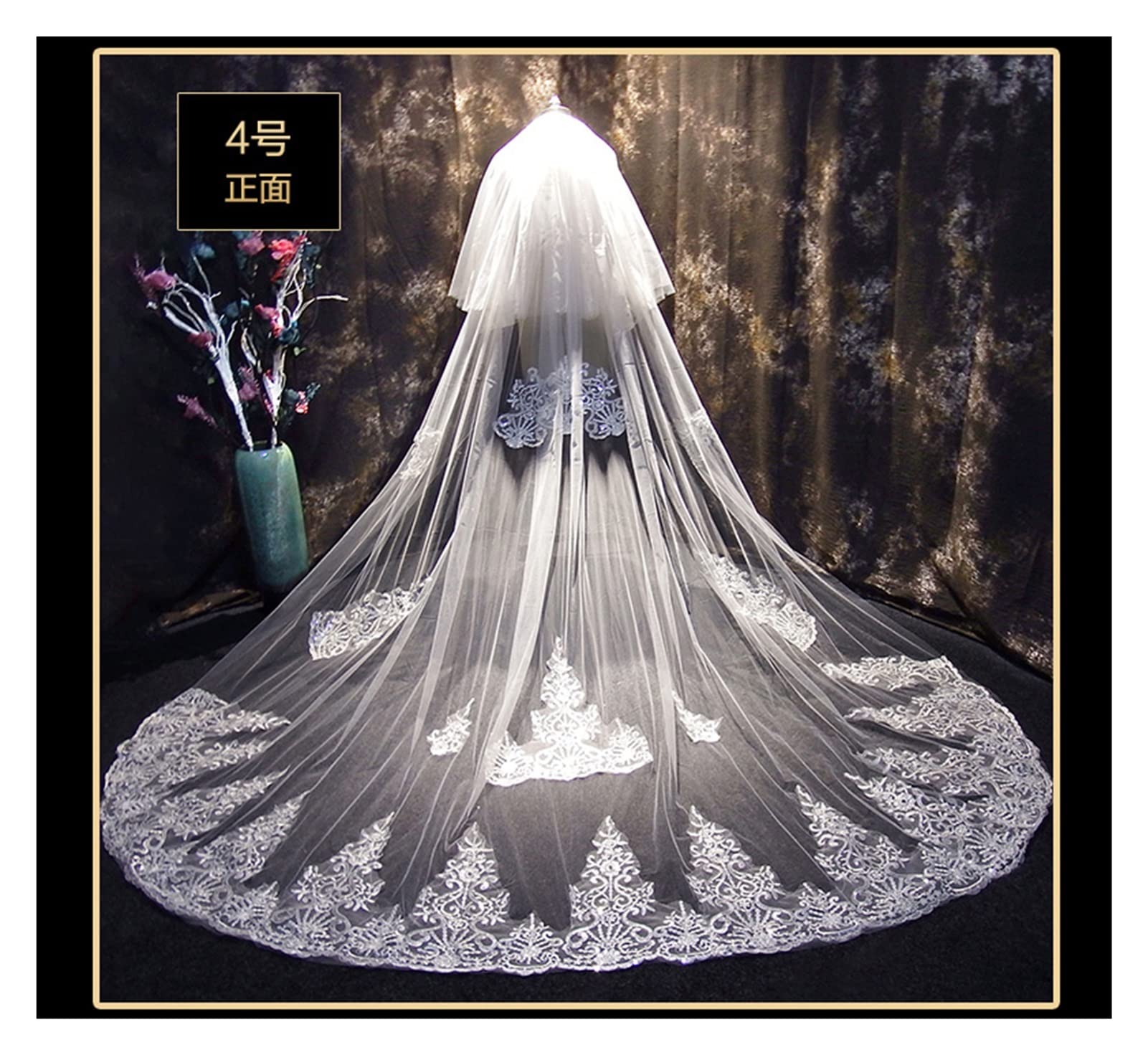 Voile de mariage 4 M voile de mariage cathédrale deux couches dentelle appliquées longs voiles de mariée avec peigne femme cadeaux de mariage (couleur : rouge, taille : 400 cm