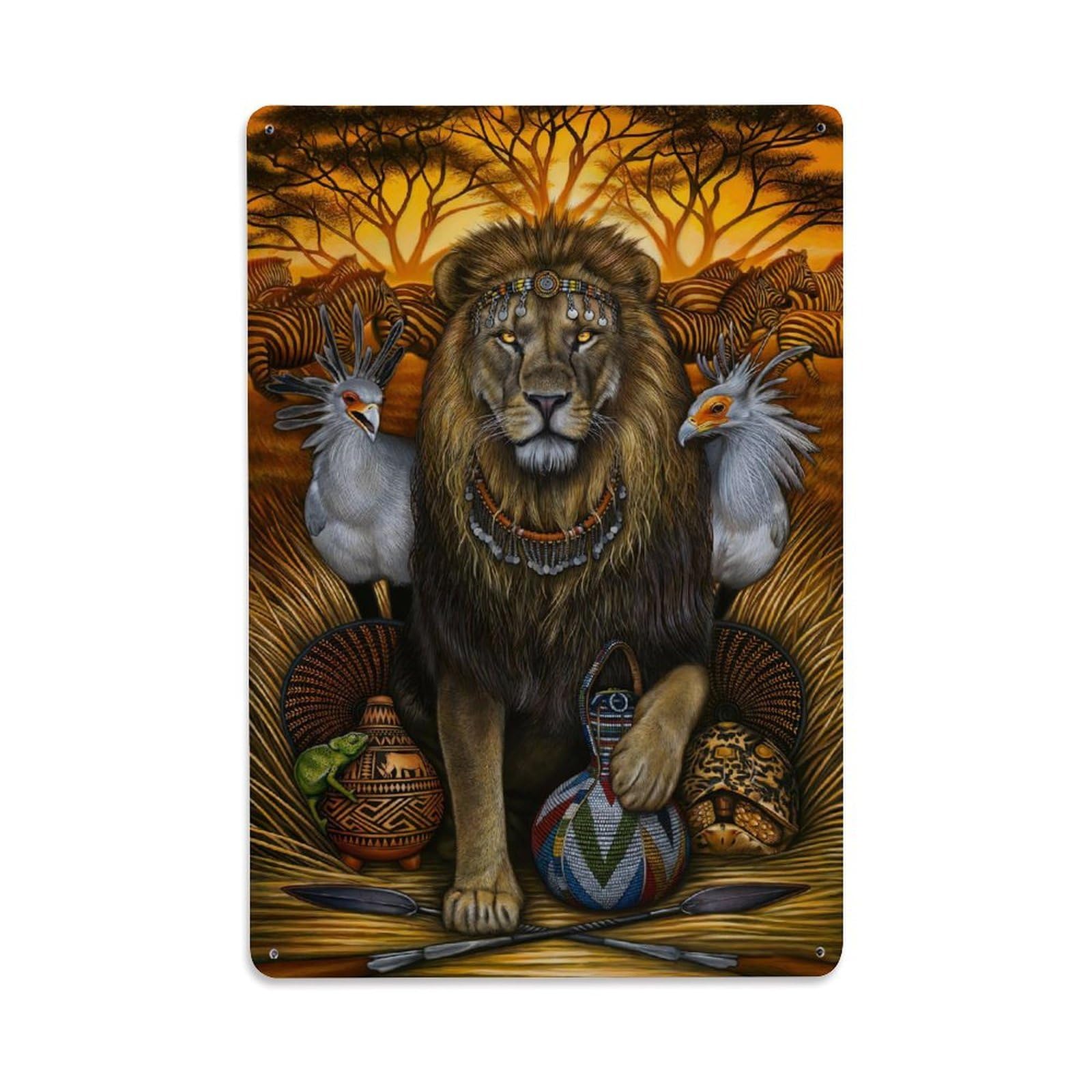 African Lion Nature Vintage Wildlife Savannah King Classic Metal Tin Sign Plaque Wall Decor for Cafe, Man Cave, Club Bar, Office, Home Garden Round Metal Poster 8x12Inch