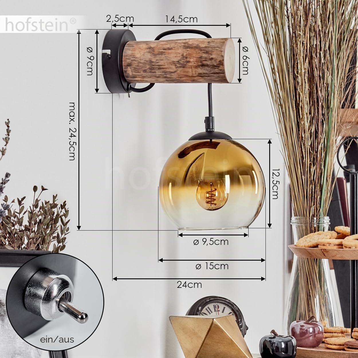 Wandleuchte Koyoto, Wandlampe aus Metall/Holz/Glas in Schwarz/Natur/Gold/Klar, Leuchte im Retro/Vintage-Design mit Schirm aus Glas (Ø 15 cm) u. An/-Auschalter am Gehäuse, 1 x E27, ohne Leuchtmittel