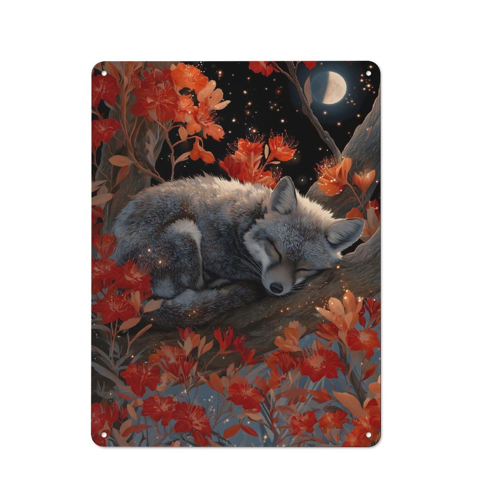 Junmoney Sleeping Fox In Floral Night Scene Vintage Cafe Metal Sign 40X30cm Featuring Bistro Wall Plaque For Cafe, Bistro, Bakery Or Restaurant