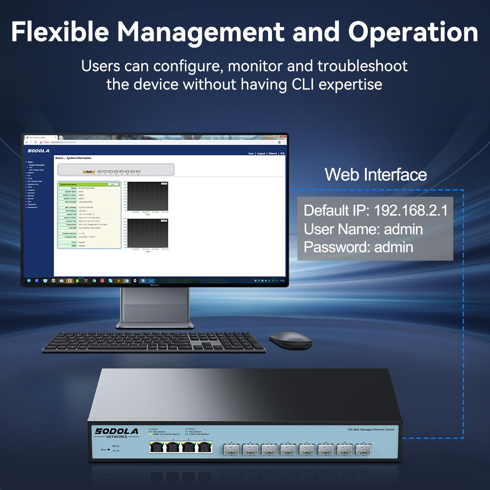 SODOLA 12-Port 10Gbit Managed Switch, 8x10Gb SFP+ & 4x10GBase-T Ports | Lüfterkühlung, 1U Rack-Montage, Web-GUI für LACP/QoS/VLAN/SNMP – 10G Multi-Gigabit-Netzwerkswitch