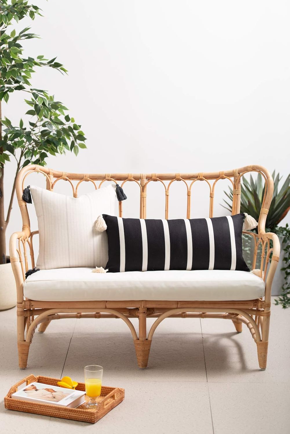 Hofdeco Modern Boho Moroccan Indoor Outdoor Long Lumbar Pillow Cover ONLY for Bed, Backyard, Couch, Sofa Black Stripe Tassels, 12"x26"
