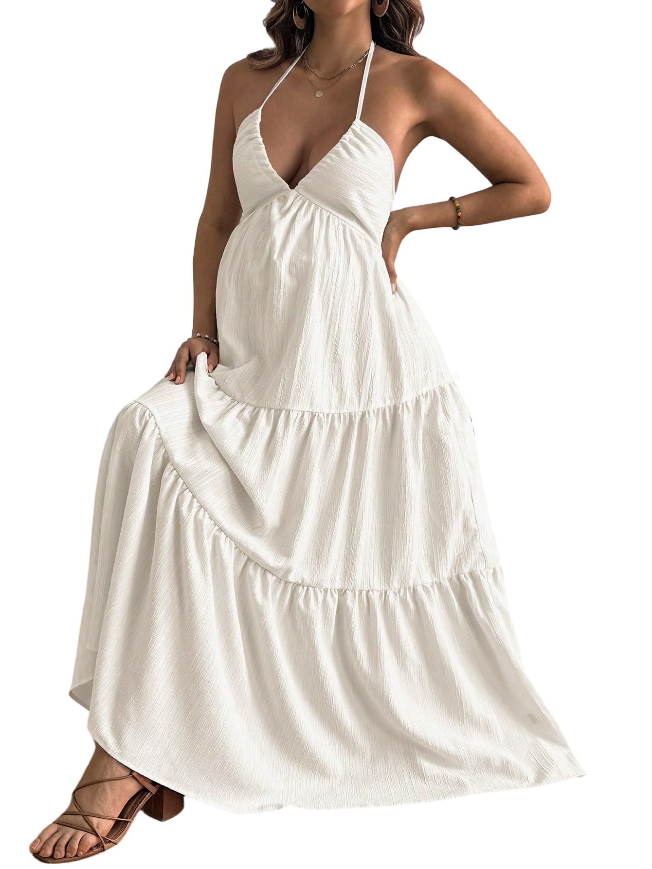 SweatyRocks Damska sukienka w stylu boho dla kobiet w ciąży, sukienka maxi, wiązana na szyi, letnia sukienka bez pleców, sukienka ciążowa, odświętna sukienka na imprezę, letnia