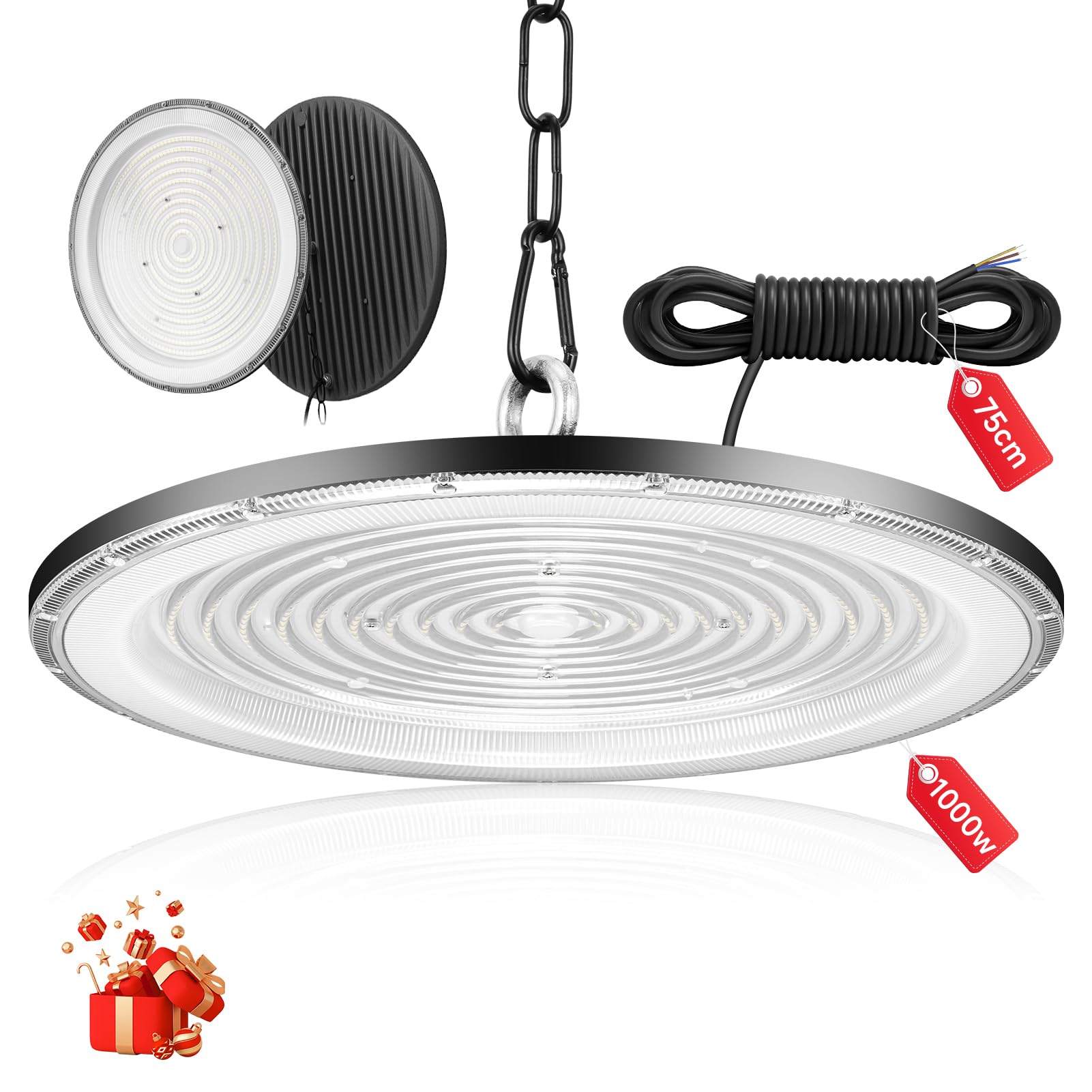 Viugreum 1000W LED Hallenstrahler, 100000LM, Superhelle LED Werkstatt Deckenleuchte, 6500K Kaltweiß UFO Werkstattlampe, IP65 Wasserdichte High Bay Light für Turnhalle Fabriken, Garage, Lagerhaus