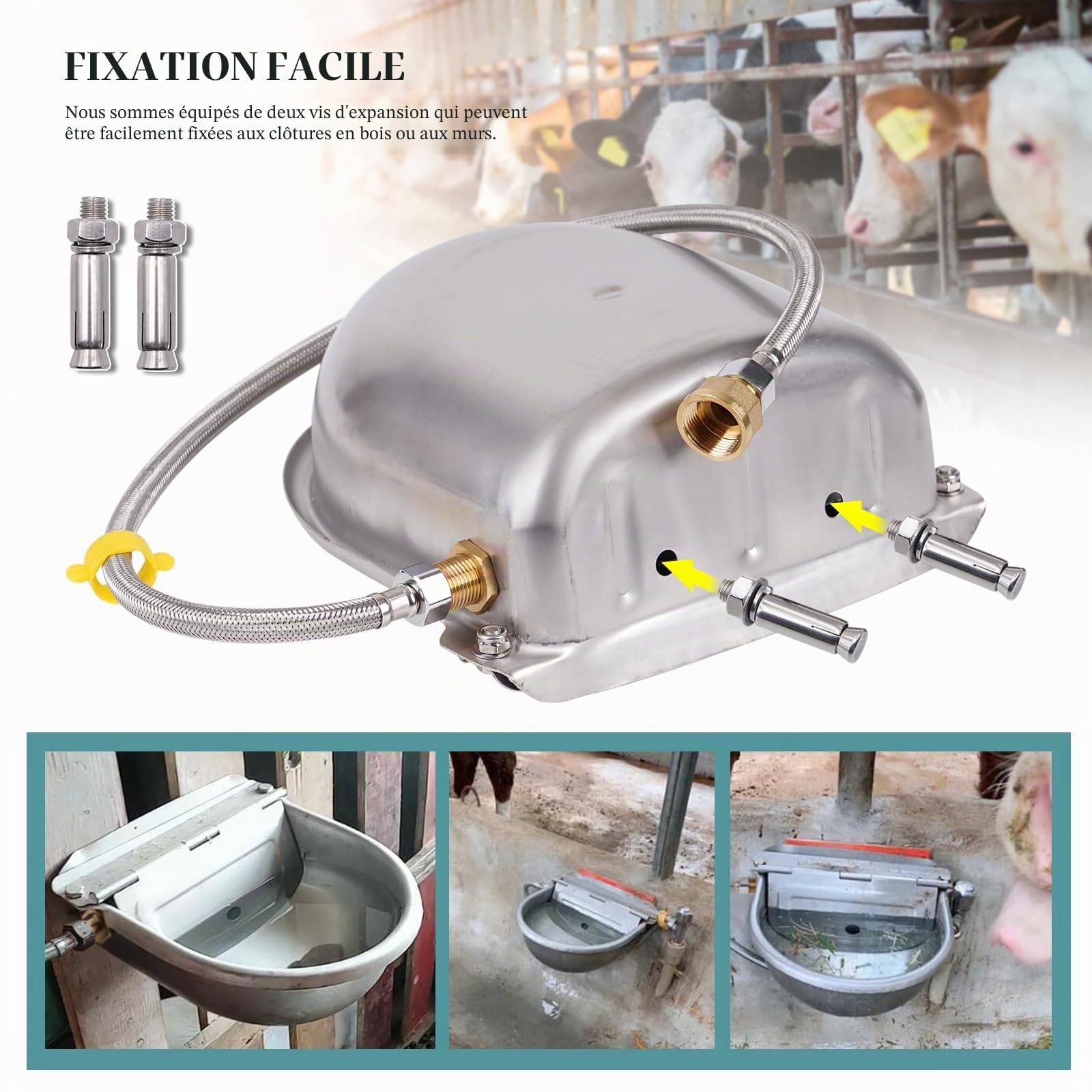 Abreuvoir automatique en acier inoxydable pour bétail avec valve flottante en laiton et tuyau tressé de 80 cm pour bovins, chevaux, moutons, chèvres, chiens, cochons