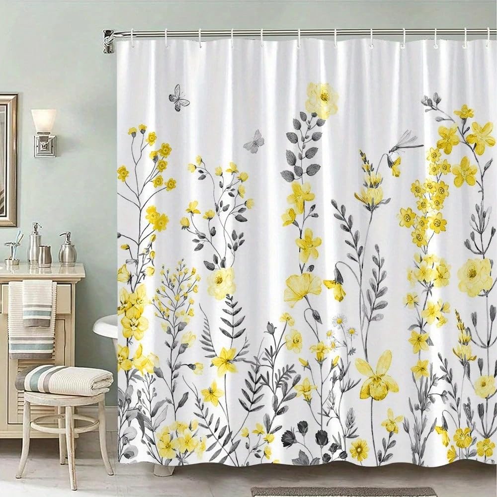 GLKSDLPO Botanical Yellow And Gray Floral Bathroom Shower Curtain, Design With Delicate Flowers And Butterflies Elegant Natural Decor(230x165cm/91x65in(WxH)