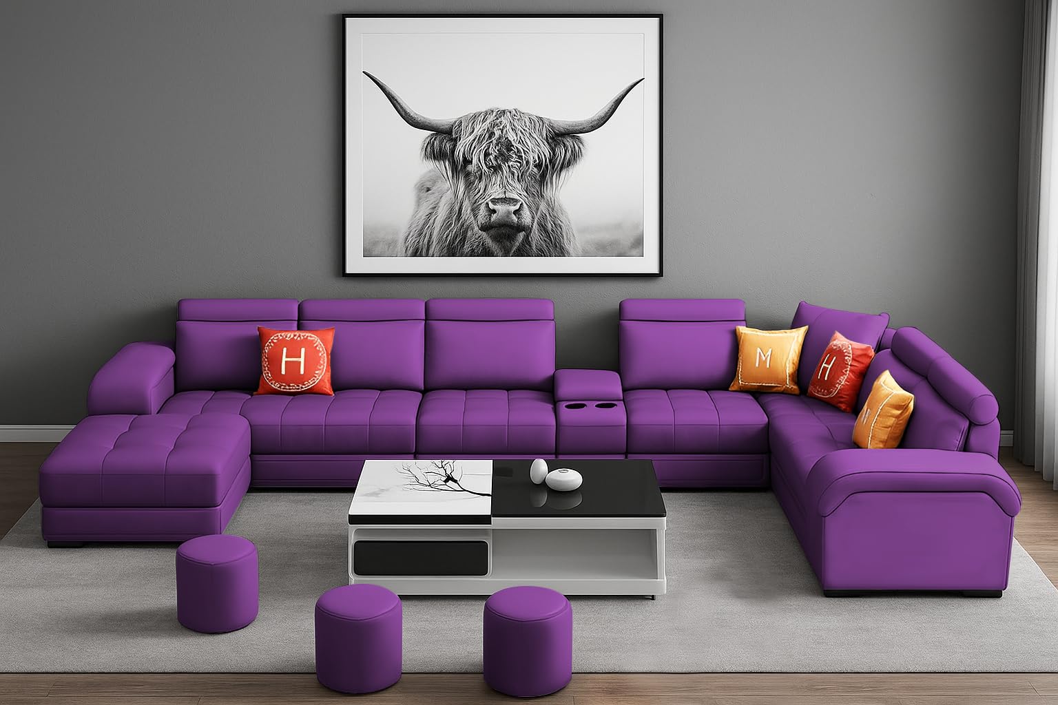 Casaliving Emerson Modern U-Shaped Sectional Sofa Set 9 Seater, Sofa Couch with 3 Puffy for Hall (Purple Colour) Premium Leatherette Fabric Sofa