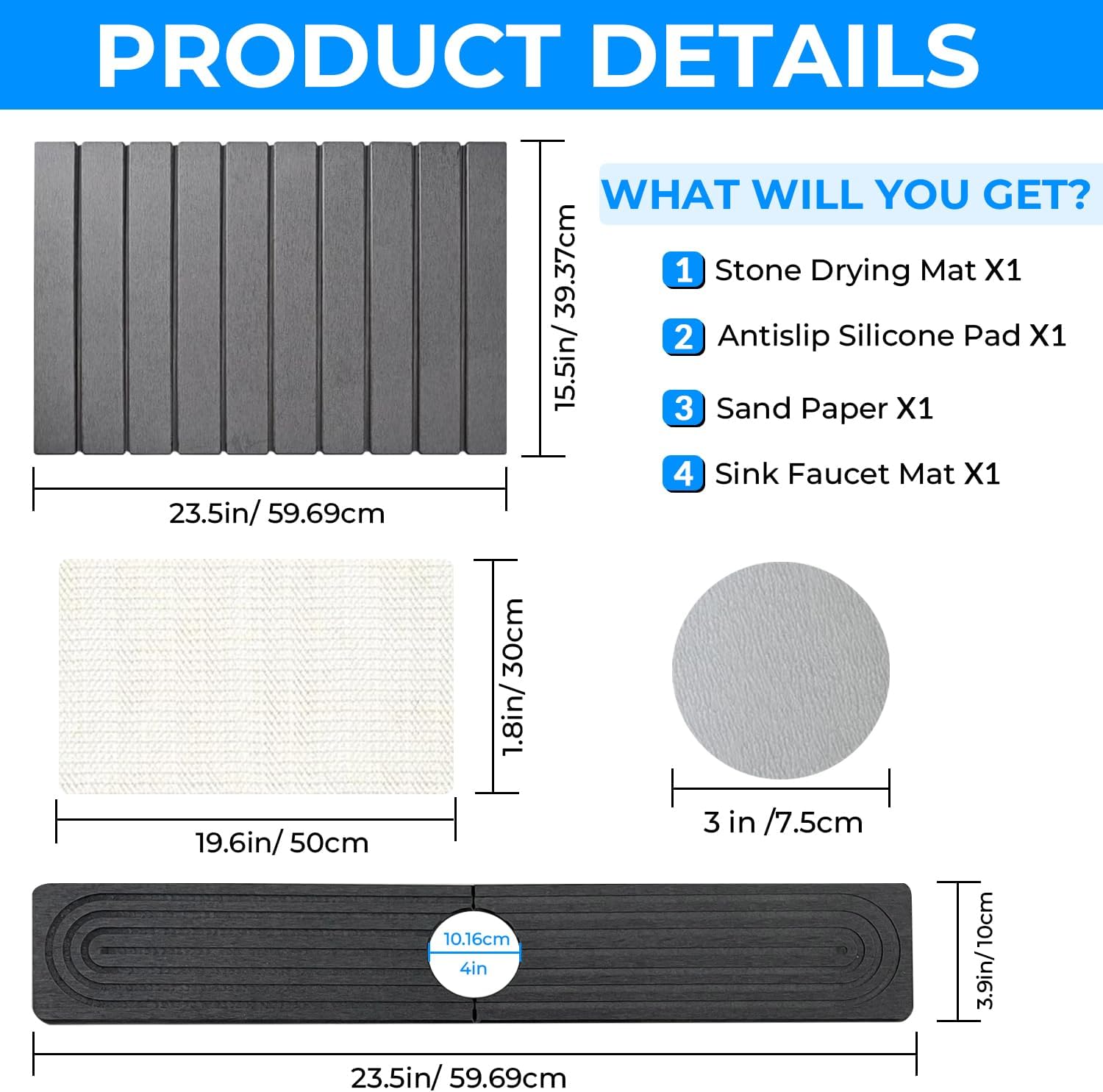 Stone Drying Mat for Kitchen Counter – Foldable Diatomaceous Earth Dish Drying Stone, Fast Absorbing, Non-Slip, Sink & Faucet Splash Mat, Includes Maintenance Sandpaper & Base Mat