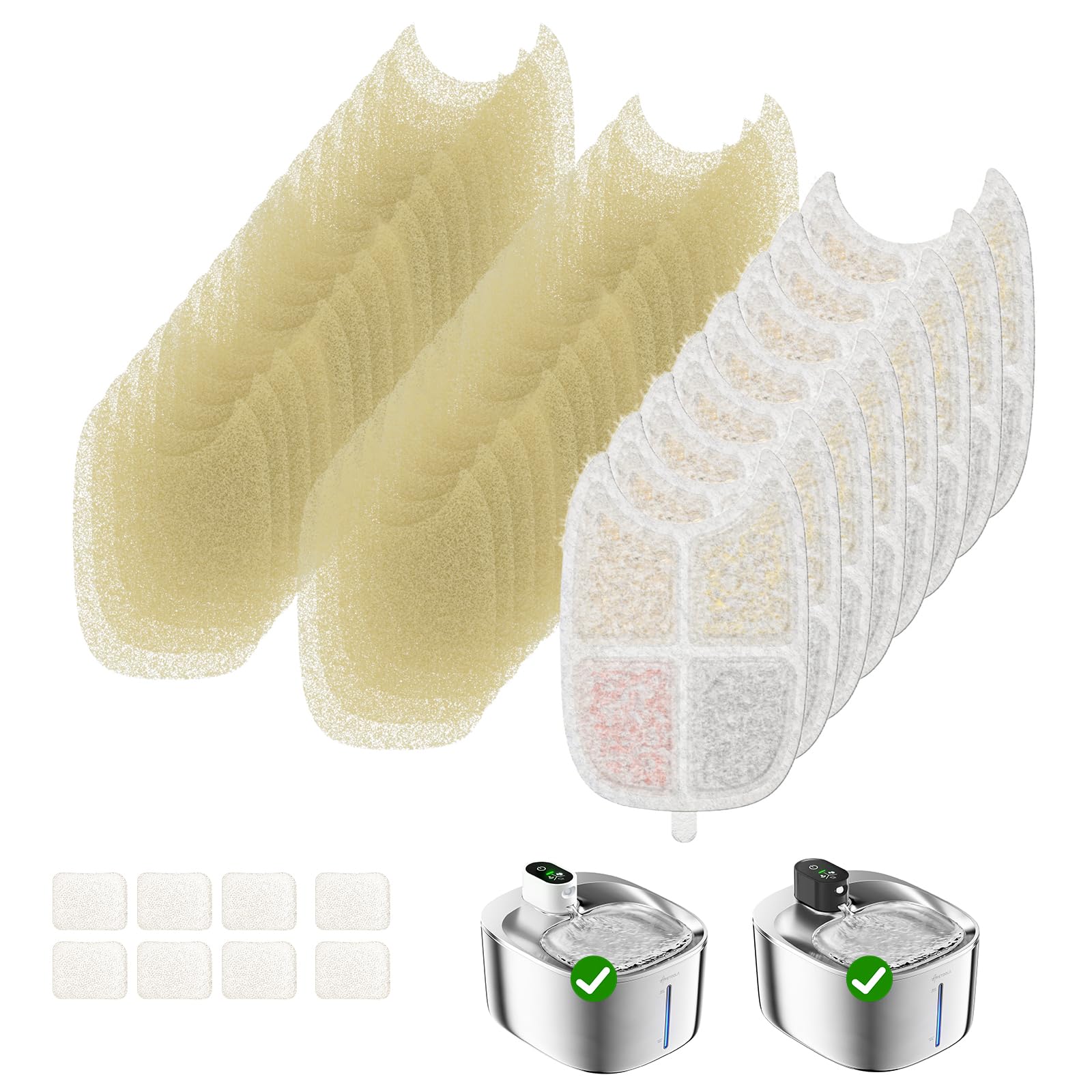 Kabelloser Katzenwasserbrunnenfilter, 8 Stück Filter mit 32 Vorfilterschwamm für Katzenbrunnen aus Edelstahl 3,992.4 ml, 6-lagige Ersatzfilter für Haustierbrunnen, batteriebetrieben