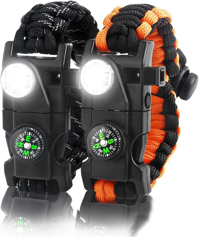 IMPHOM Survival Bracelet Paracord Military Buckle Tool Adjustable Rope Accessories Kit, Fire Starter, Knife, Compass, LED Light,Whistle,for Fishing Hiking Travel Camp(2pcs) Reflective Black+Orange