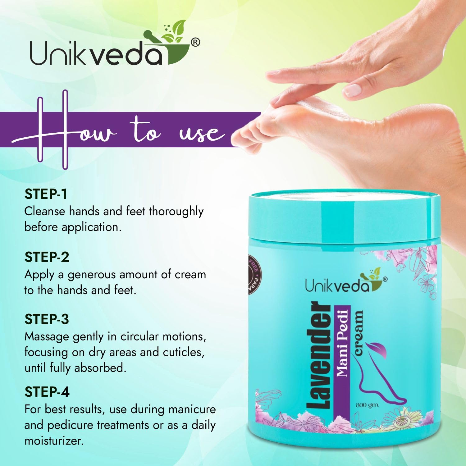UNIKVEDA Lavender Mani-Pedi Cream with Lavender, Vitamin-E and Sandalwood Extract for Smoothing and Toning 800ml 3