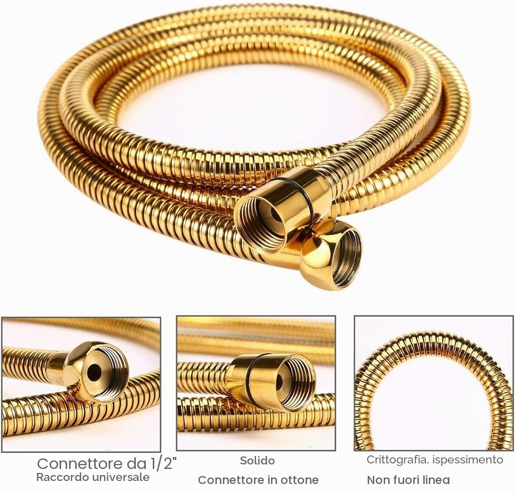 Tubo doccia dorato per doccetta doccia, Tubo flessibile per doccia oro 1,5M in acciaio INOX, Anti-nick, regolabile, cromato