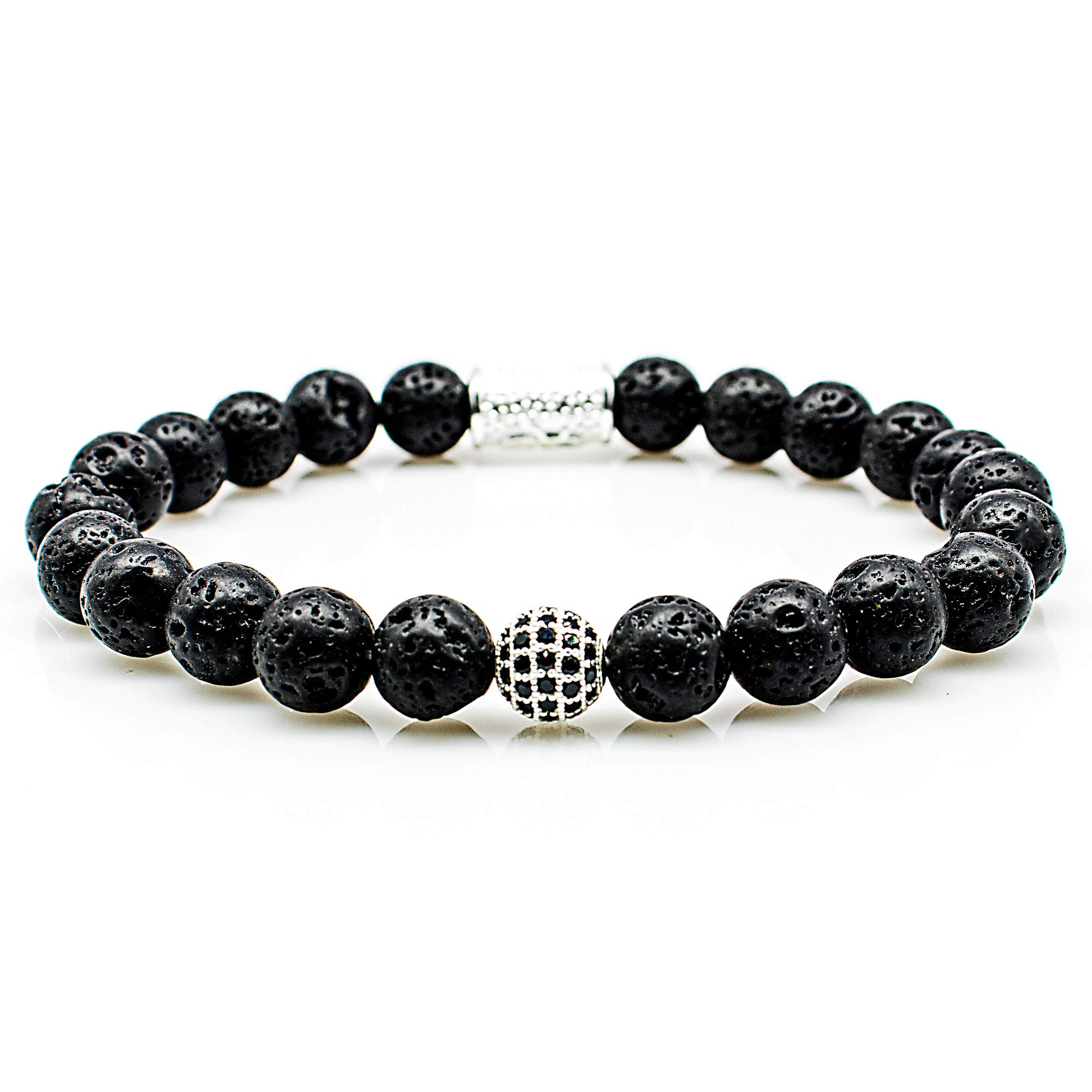 Lava 925 Sterling Silber Armband Bracelet Perlenarmband schwarz Beads Kugel 8mm Cubic Zirkonia