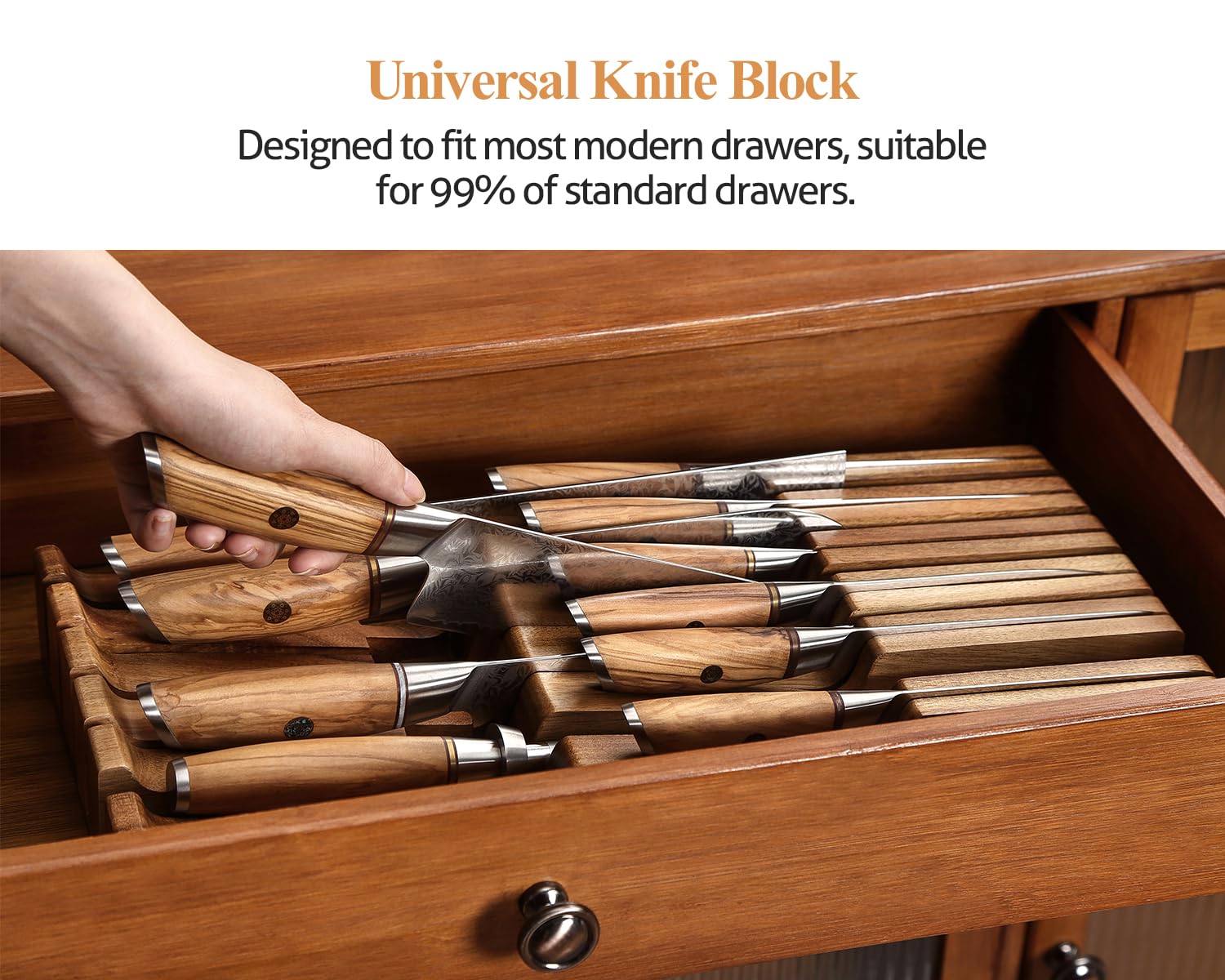 XINZUO Cassetto Blocco di Coltelli da Cucina in Legno di Acacia -43,6x18,4x5,3cm Ceppo Portacoltelli Universale per Cassetto (Senza Coltelli) -4 Coltelli Lunghi+6 Corti+1 Acciarino per Affilare