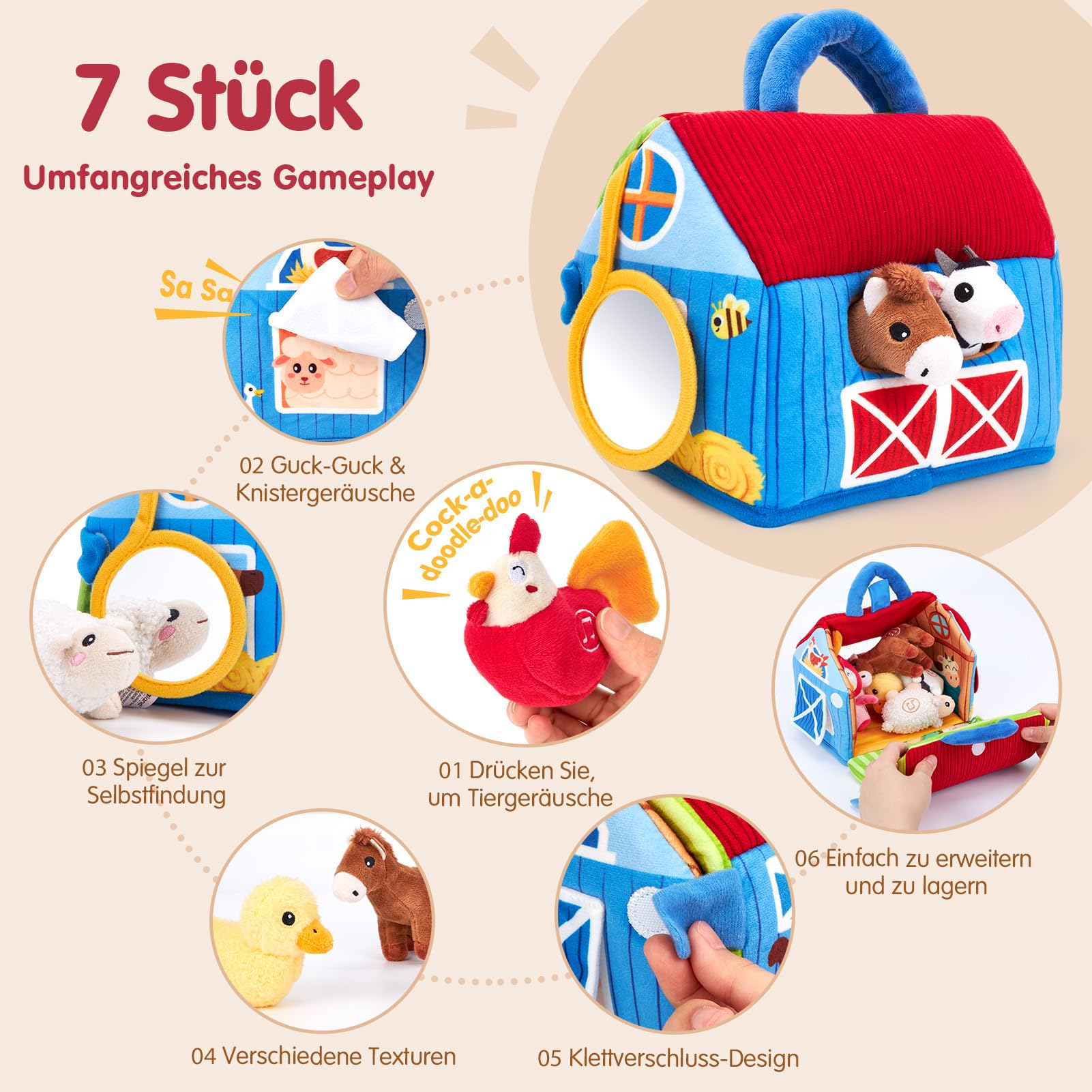 hahaland Bauernhof Baby Spielzeug 6 Monate mit 2-in-1 Scheunen & Spielmatten,6 Sensorik Plüschtiere mit Tiergeräuschen & Spricht Englische Tiernamen,Montessori Spielzeug Baby Geschenk ab 6-12 Monate