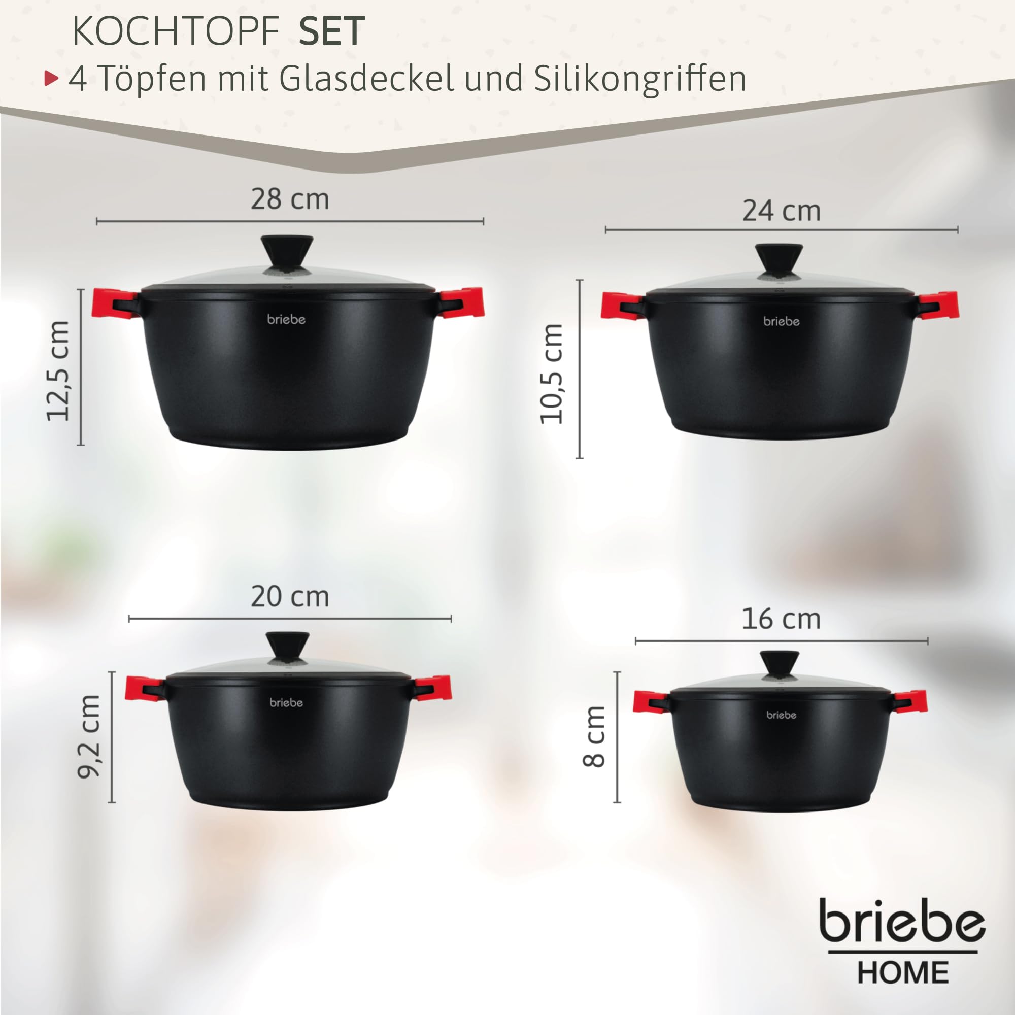 briebe Black Titanium Kochtopf Set Induktion Kochgeschirr 8-Teilig, 4 Töpfen aus Aluminiumguss, Antihaftbeschichtung Titan ohne PFOA, Deckeln aus Glass, Abnehmbaren Silikongriffen, Glaskeramik, Ofen