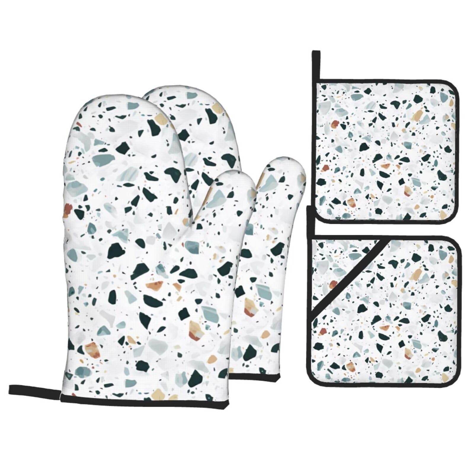 WHJSHOP Terrazzo Marble Pastel Prints Kitchen Baking Throw Set with Heat Resistance, Waterproof Oven Mitts & Pot Holders for Cooking, Grilling & Handling Hot Dishes