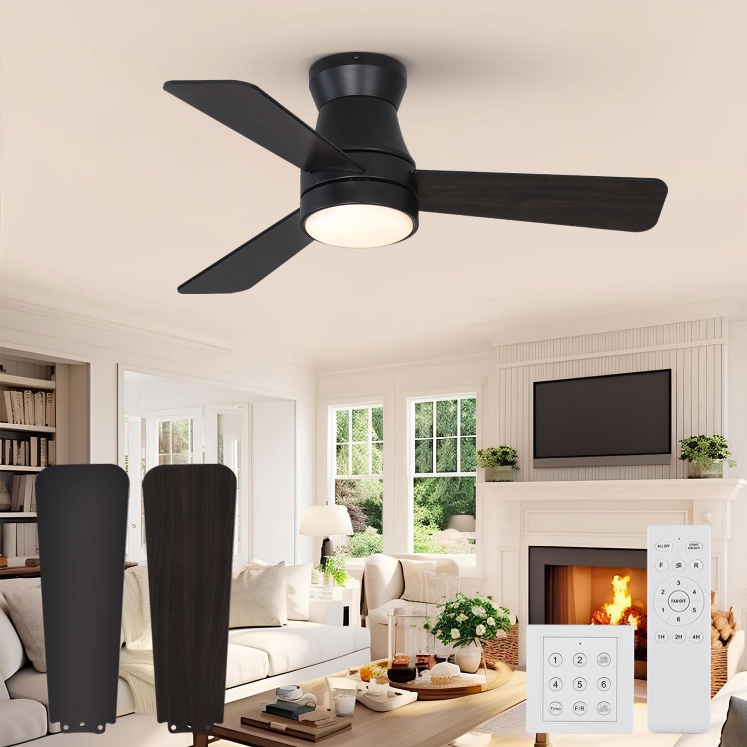 RIIGOOG Ceiling Fans with Lights, 36 inch Black Low Profile Ceiling Fans with Light and Remote, Flush Mount, 6 Speeds DC Reversible, 3CCT Dimmable,