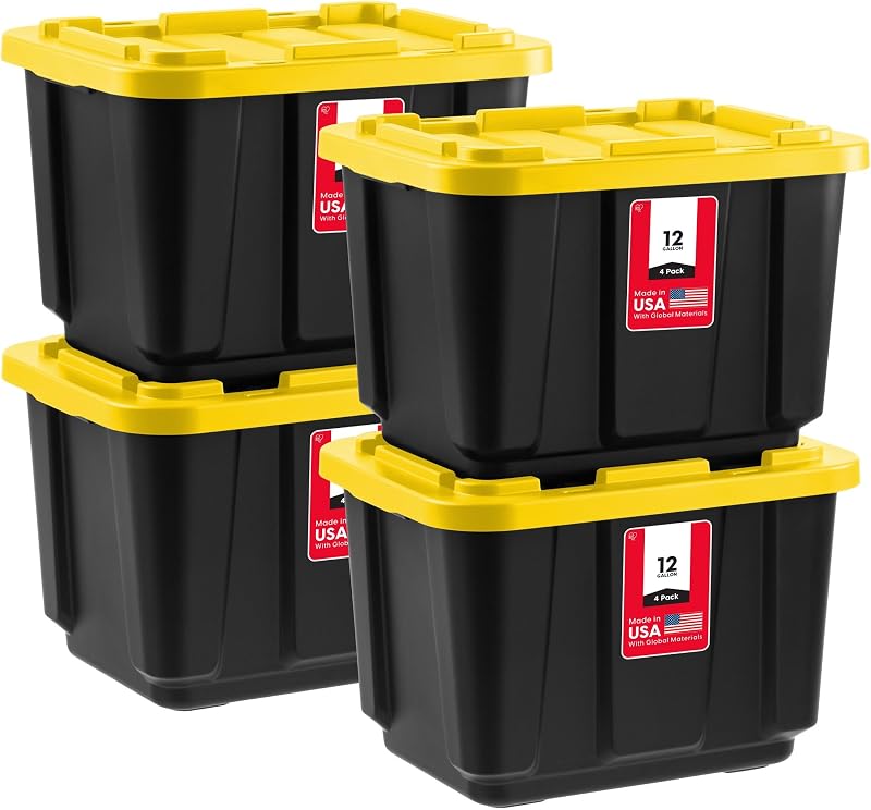 IRIS USA 4-Pack 12 Gal Heavy Duty Storage Tote Bins with Lids, Black/Yellow | Design for tools, hardware and automotive supplies, Stackable shape keeps garages and workshops organized