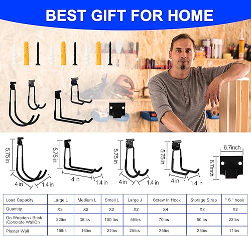 Miniatura 9 de Vehookin Ganchos grandes de garaje de 8.77 pulgadas, ganchos de almacenamiento de pared de acero resistente con organizador de revestimiento