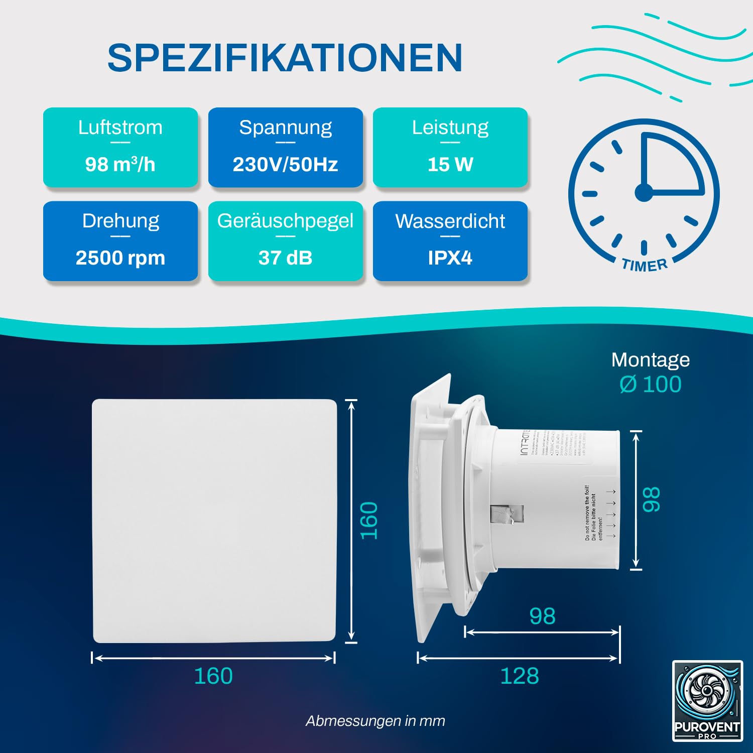 PUROVENT PRO Bathroom Fan with Timer, 100 mm, Diameter 98 m³/h, 15 W, 37 dB(A), IPX4, Afterrun Time, 3-15 Min, Silent Wall Mounted Fan for Bathroom and Toilet