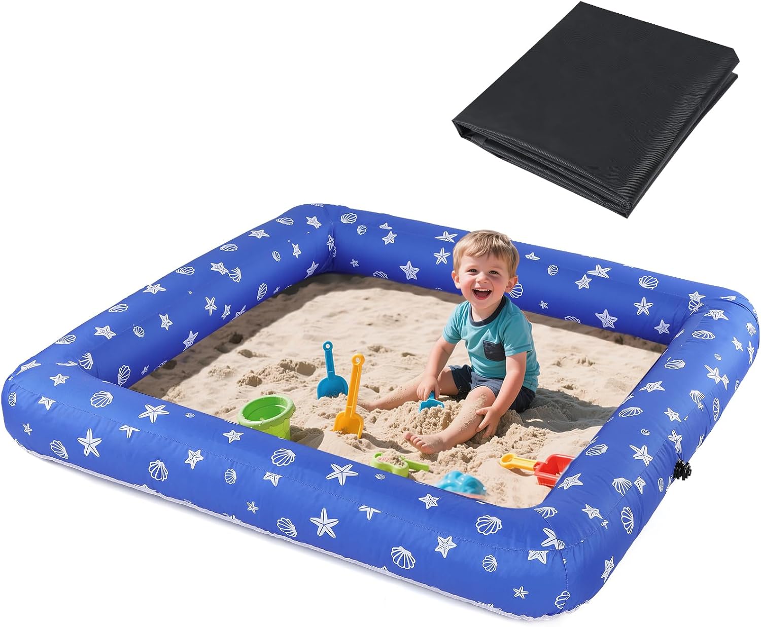 59" x 59" Inflatable Kids Sandbox with Cover - Easy Assembly Outdoor Sandbox, Large Capacity Kids Sand Box Pit for Backyard Garden, Summer Toys Gift for Boys Girls Ages 3-8