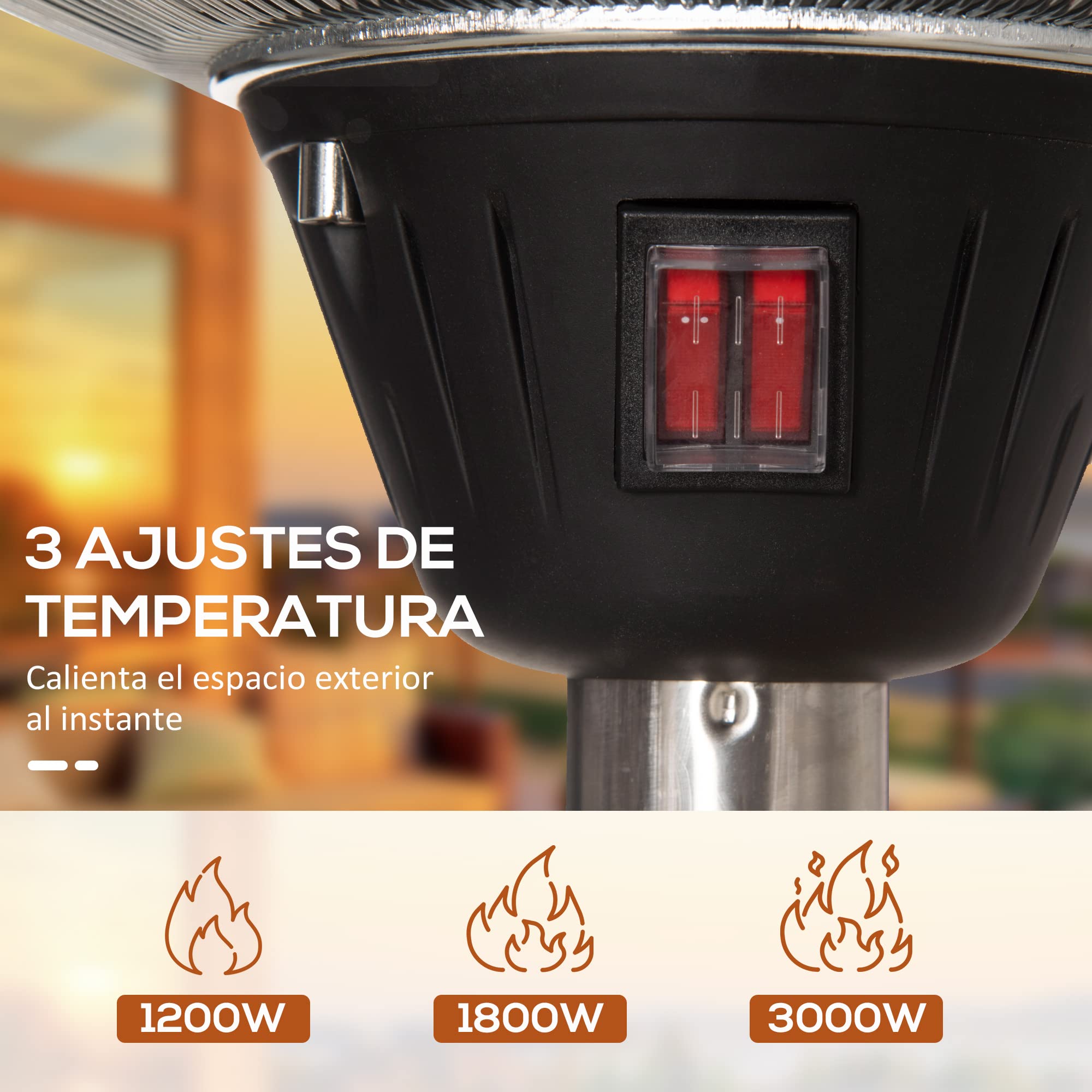 Outsunny Calefactor de Pie de Exterior 1200/1800/3000W Estufa de Infrarrojos con 3 Niveles de Calor Altura Ajustable Protección IP44 para Terraza Patio Aluminio Acero Inoxidable 12,5 m² Plata